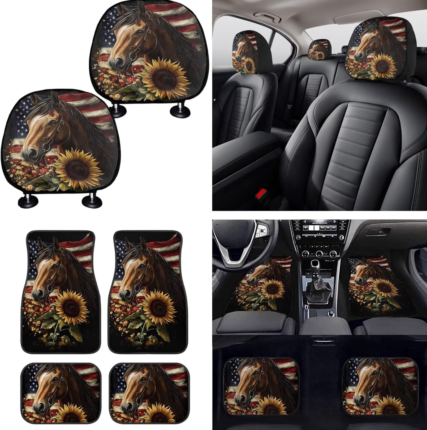 Pensura Horse Sunflower USA Flag Car Seat Covers Set Full Set -Front Seats Cover/Rear Bench Seat Cover Protectors Steering Wheel Cover Car Headrest Cover Floor Mats Universal Fit Most Vehicles