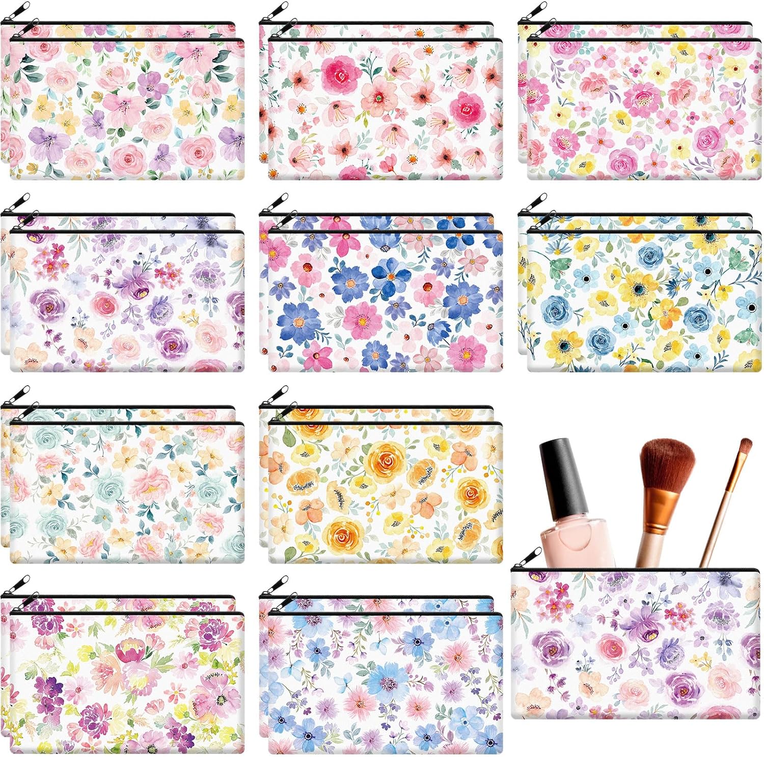 Reginary 20 Pieces Cosmetic Bag for Women, Roomy Makeup Bags with Zipper Toiletry Bag Pouch Travel Accessory Organizer Gifts, 7 x 4.3 Inches(Watercolor Flowers)