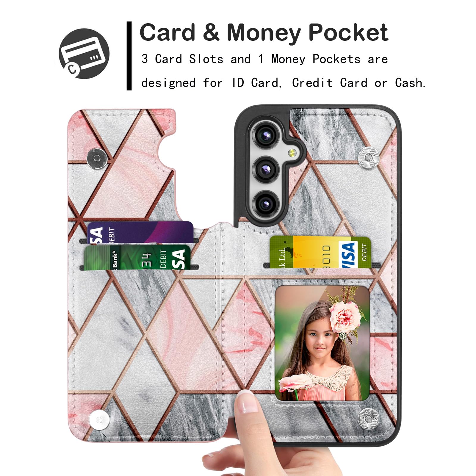 NJJEX for Samsung Galaxy S23 FE 5G Wallet Case w/Card Holder, PU Leather Credit Card Slots Slim Protective Folio Flip Case TPU Frame Bumper Magnetic Closure Cover for Samsung S23 FE 5G [Marble Pink]