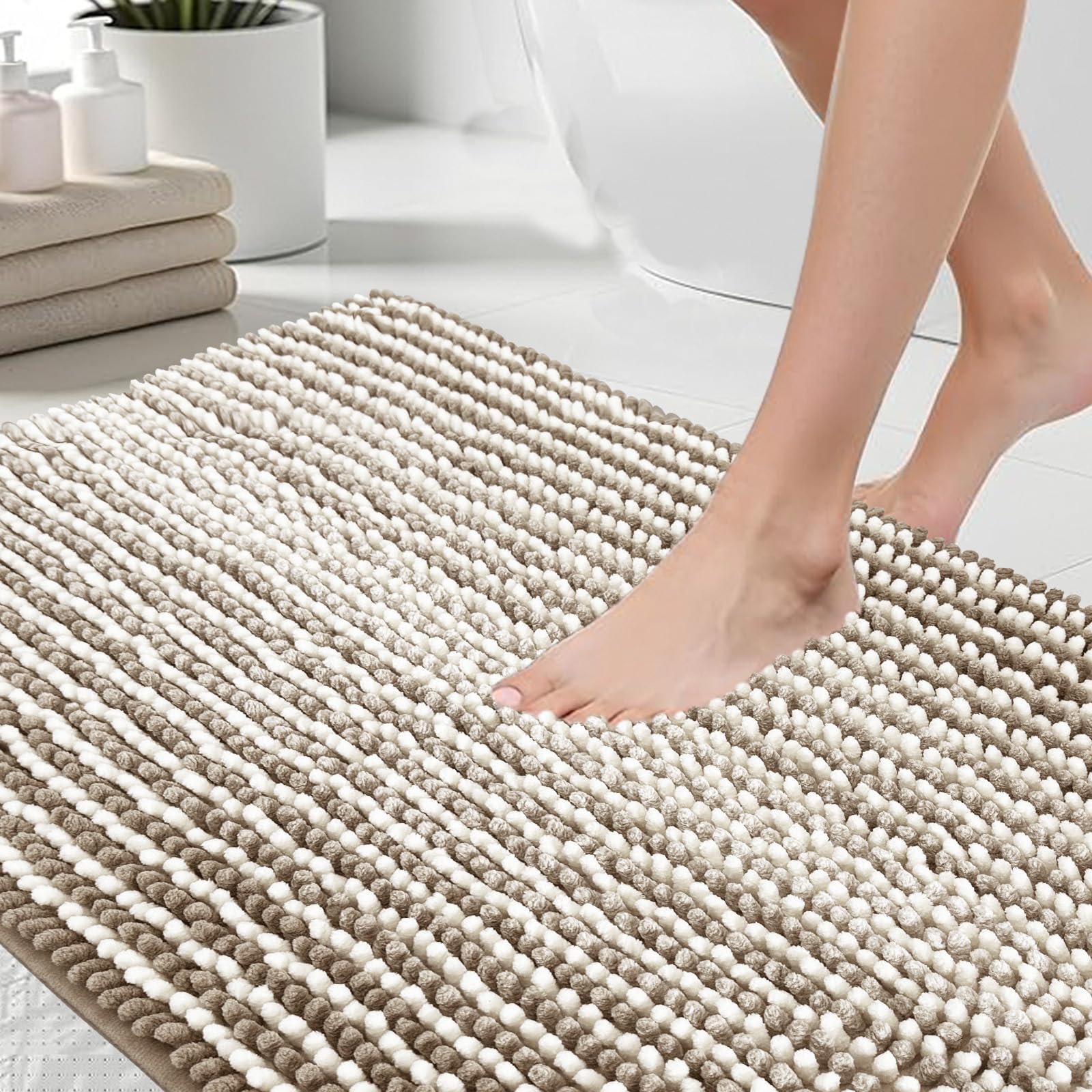 HDFK Bath Mat & Bathroom Rug - Machine Washable Soft Chenille Shower Carpet, Maximum Absorbency Non-Slip with Odorless Hot Melt Base, Slim Striped