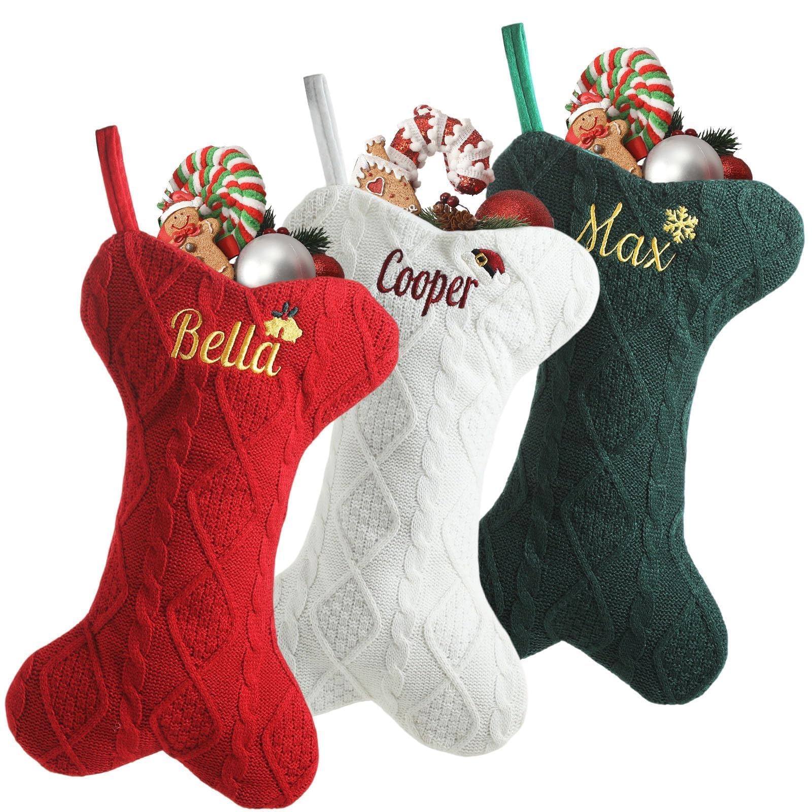 Infiher Personalised Dog Christmas Stockings with Embroidered Name & Monogram,3 Pack 15.7” Large Bone Shape Pet Xmas Stockings for Dog,Puppy,Custom Knit Christmas Stocking for Fireplace Holiday Decor — image 1