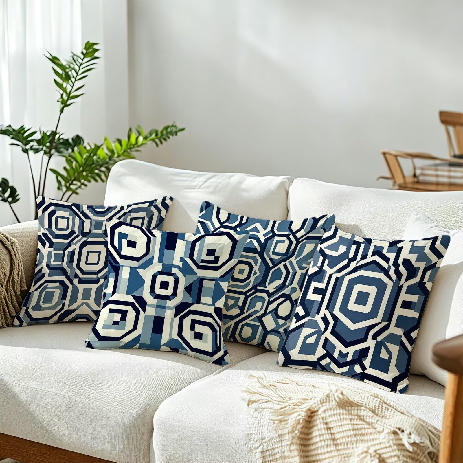 Blu Federe Cuscini Divano 60x60cm, Cuscini da Esterno Set de 4, Cod-136 | Velour Copricuscini Decorativi Letto Arredo, per Letto, Soggiorno, Giardino, Esterno, Casa Decorazione Set di 4 Geometria