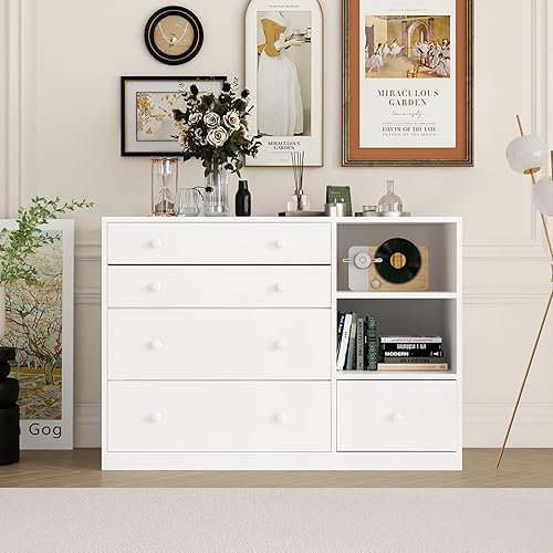 Miniatura 6 de Cómoda para cambiador, cómoda clásica para bebé con 5 cajones y 2 estantes, cambiador multifuncional para bebé, estación de cambio de pañales para