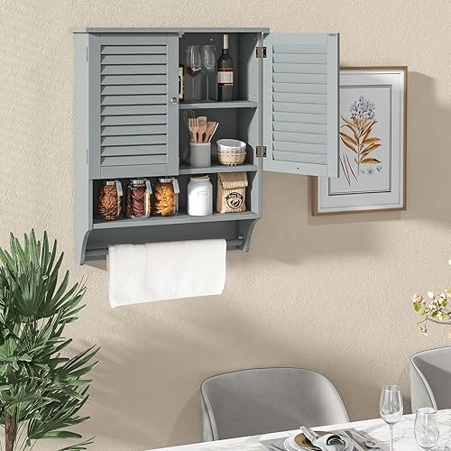 Miniatura 9 de Giantex Botiquín con 2 puertas con rejillas, estante ajustable de 3 posiciones, toallero, armario de baño montado en la pared sobre el inodoro,