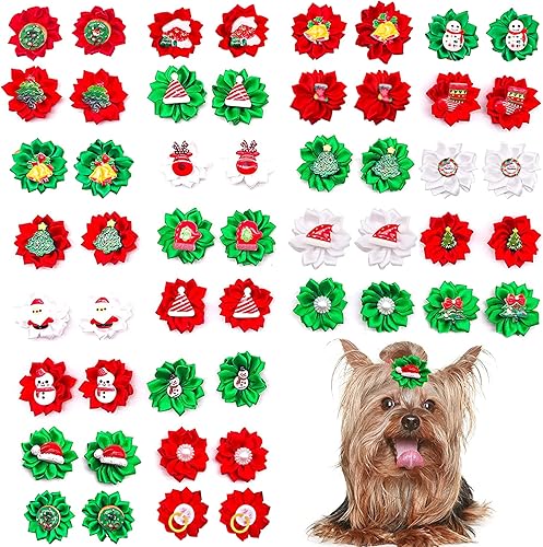 50 lazos de Navidad para perros pequeños con banda de goma, flores de pelo de cachorro de Navidad con árbol de Navidad, Papá Noel, muñeco de nieve