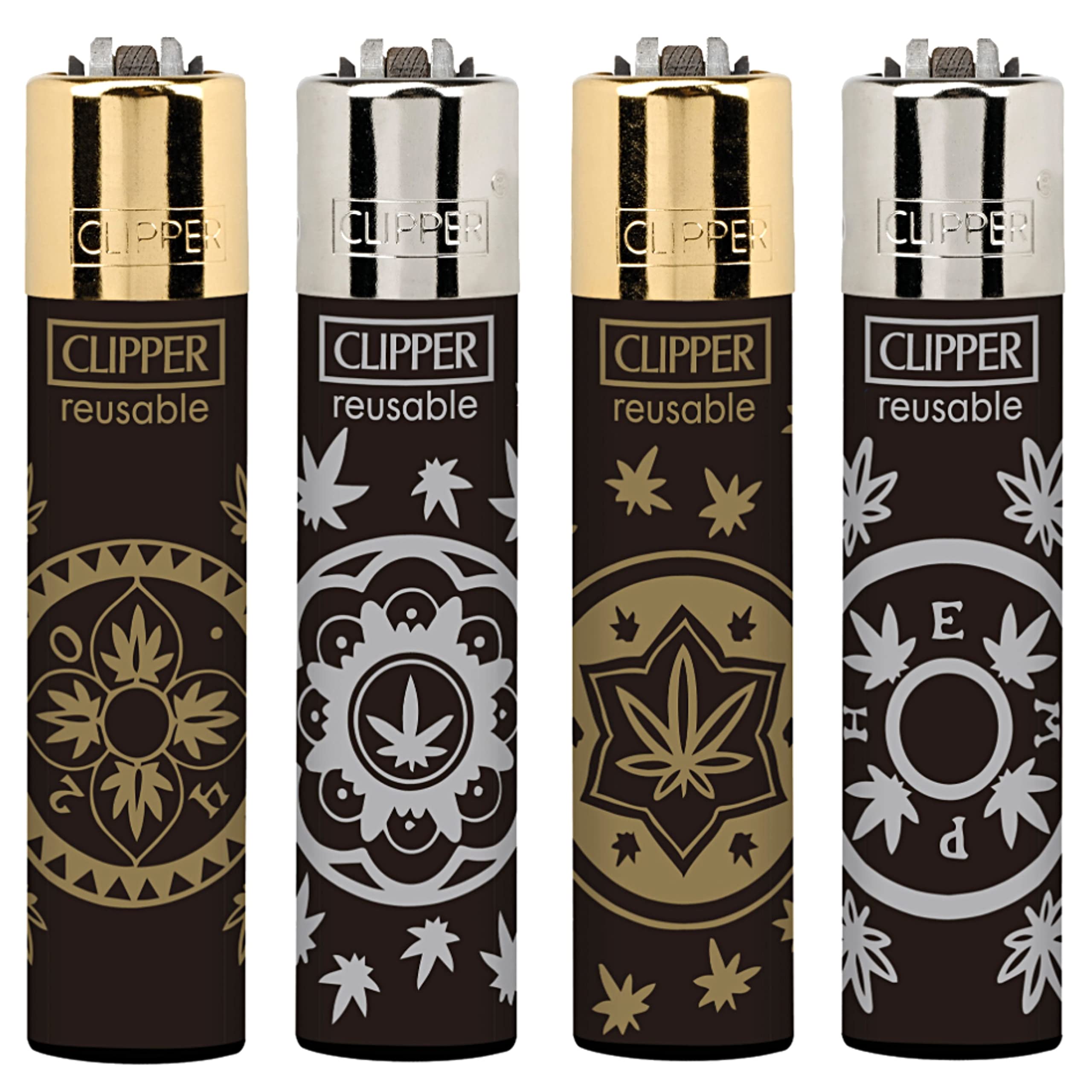 Zactly Brownblack - Set Of 4 Clipper Lighters, Various Designs, Regular Refillable Standard Size Lighter Replaceable Flint (Money-H)