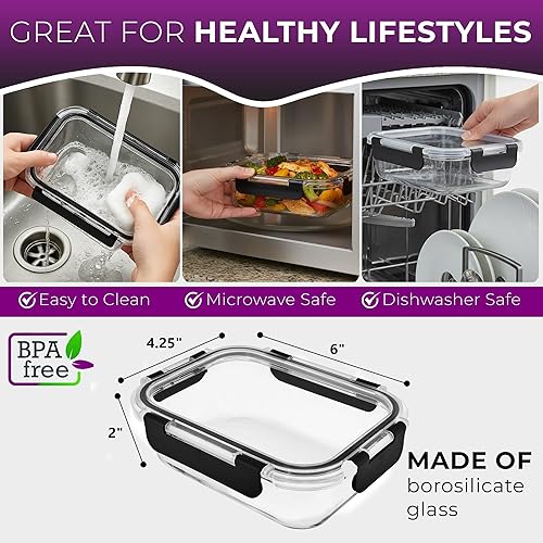 Miniatura 2 de Recipientes de vidrio para almacenamiento de alimentos con tapas herméticas de bloqueo a presión para preparación de comidas, sobras, para hornear,