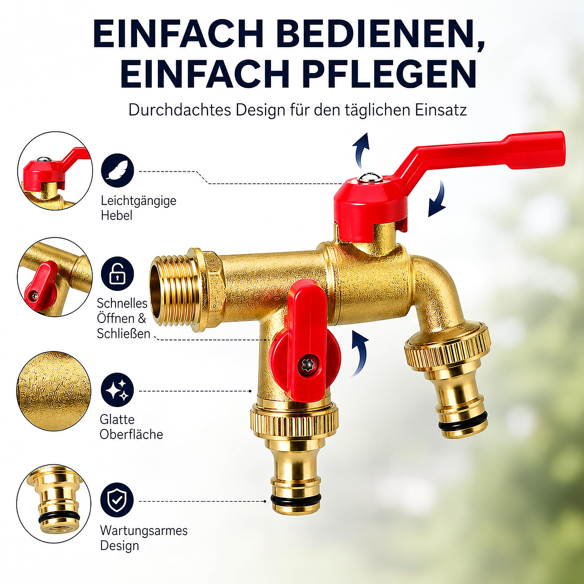 Double robinet extérieur résistant au gel 1/2" - Robinet de jardin en laiton avec 2 sorties de 3/4" - Double vanne de sortie pour tuyau d'arrosage, réservoir de pluie et machine à laver