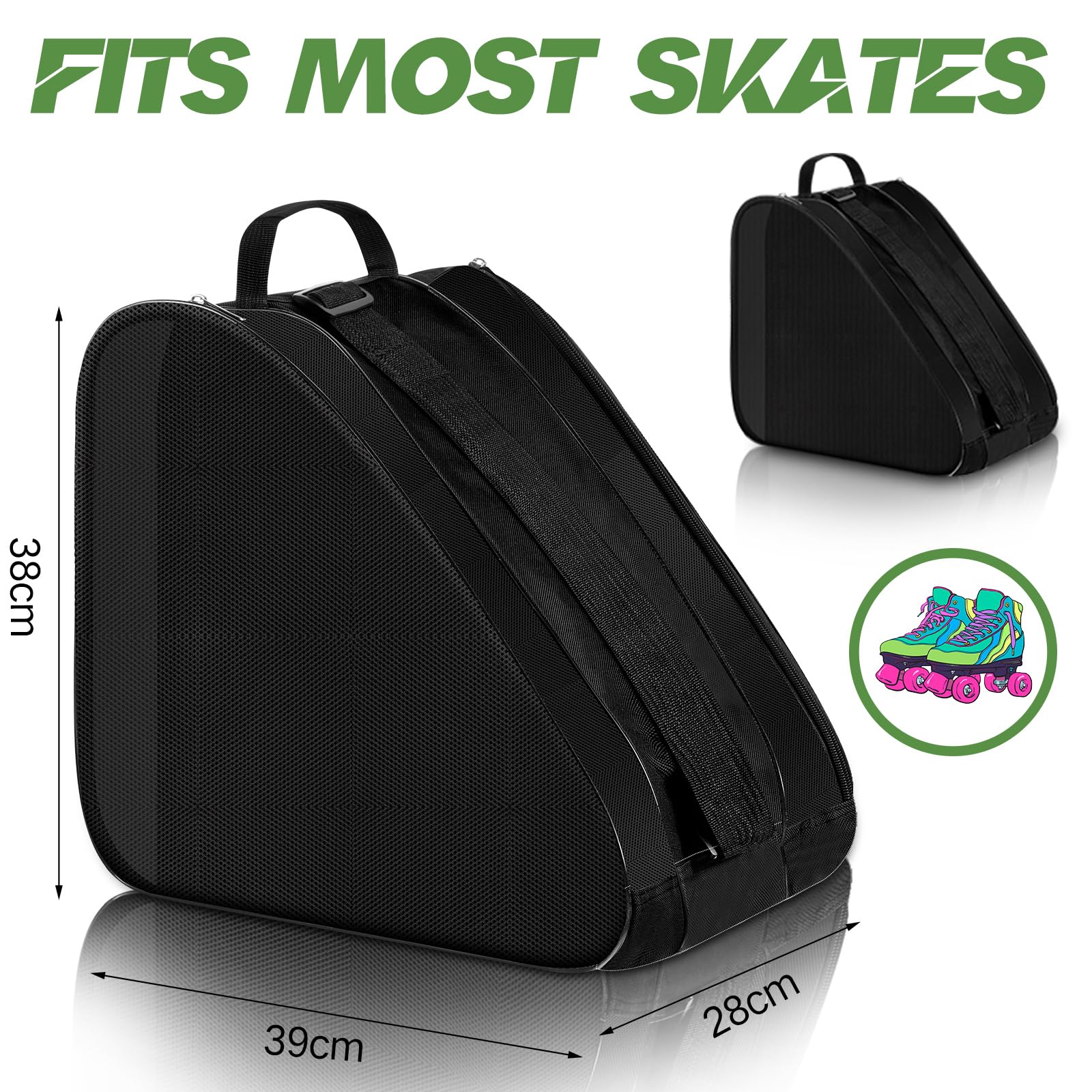CHENGU Lot de 2 sacs de patins à roulettes respirants de grande capacité avec bandoulière réglable - Accessoires de patinage artistique pour garçons et filles - Noir
