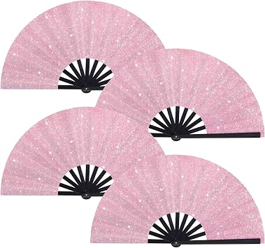 BRYCTSISEN 4 Pack Large Folding Fan Popping Fabric Fan Handheld Glitter Foldable Rave Fans for Line Dance Parties Outdoor Events Performance Decorations