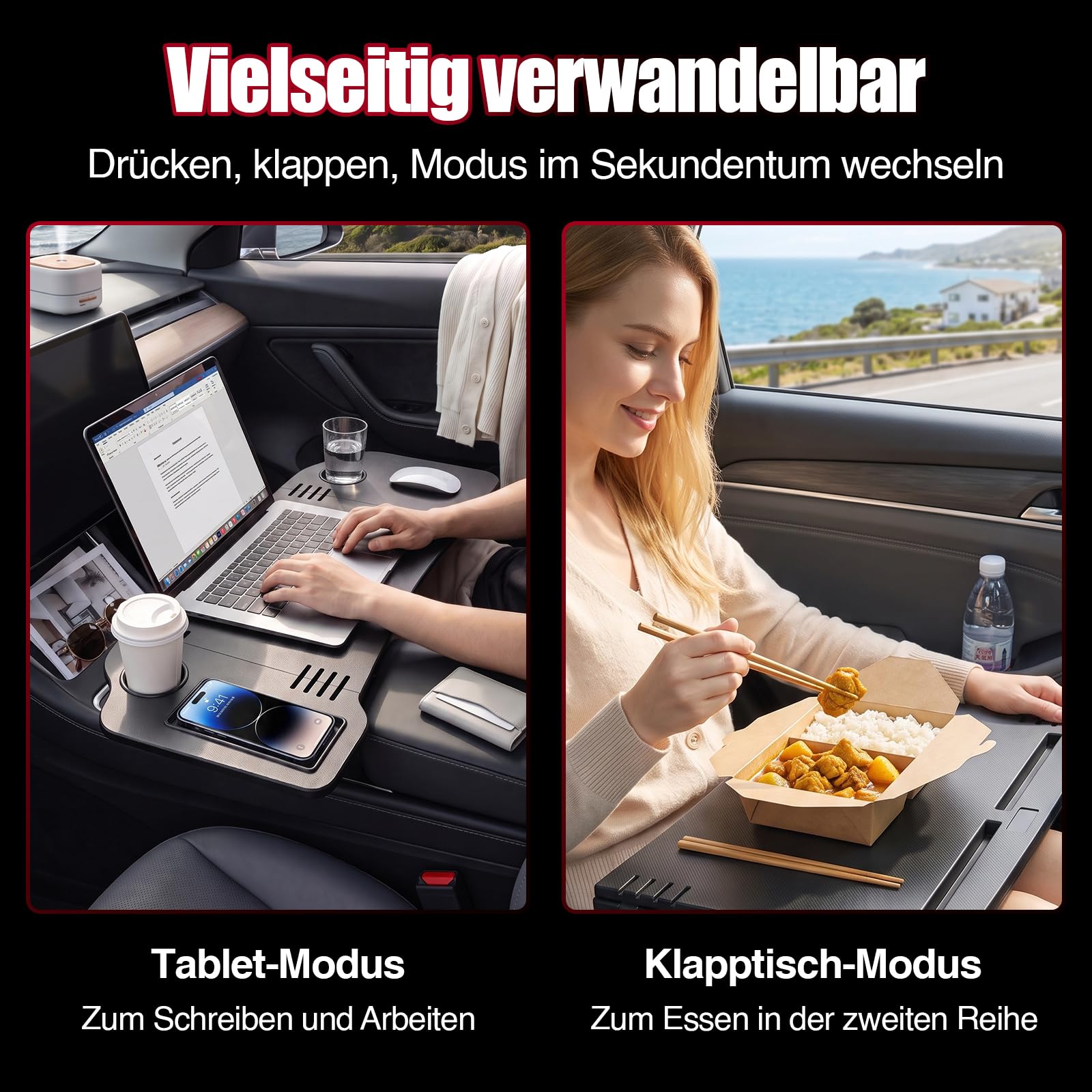 Klappbarer Autotisch Mit Getränkehalter, Dreiteilig Klappbar, Hohe Belastbarkeit, Geeignet Für Den Fahrer- Und Beifahrersitz, Ideal Zum Arbeiten Und Essen