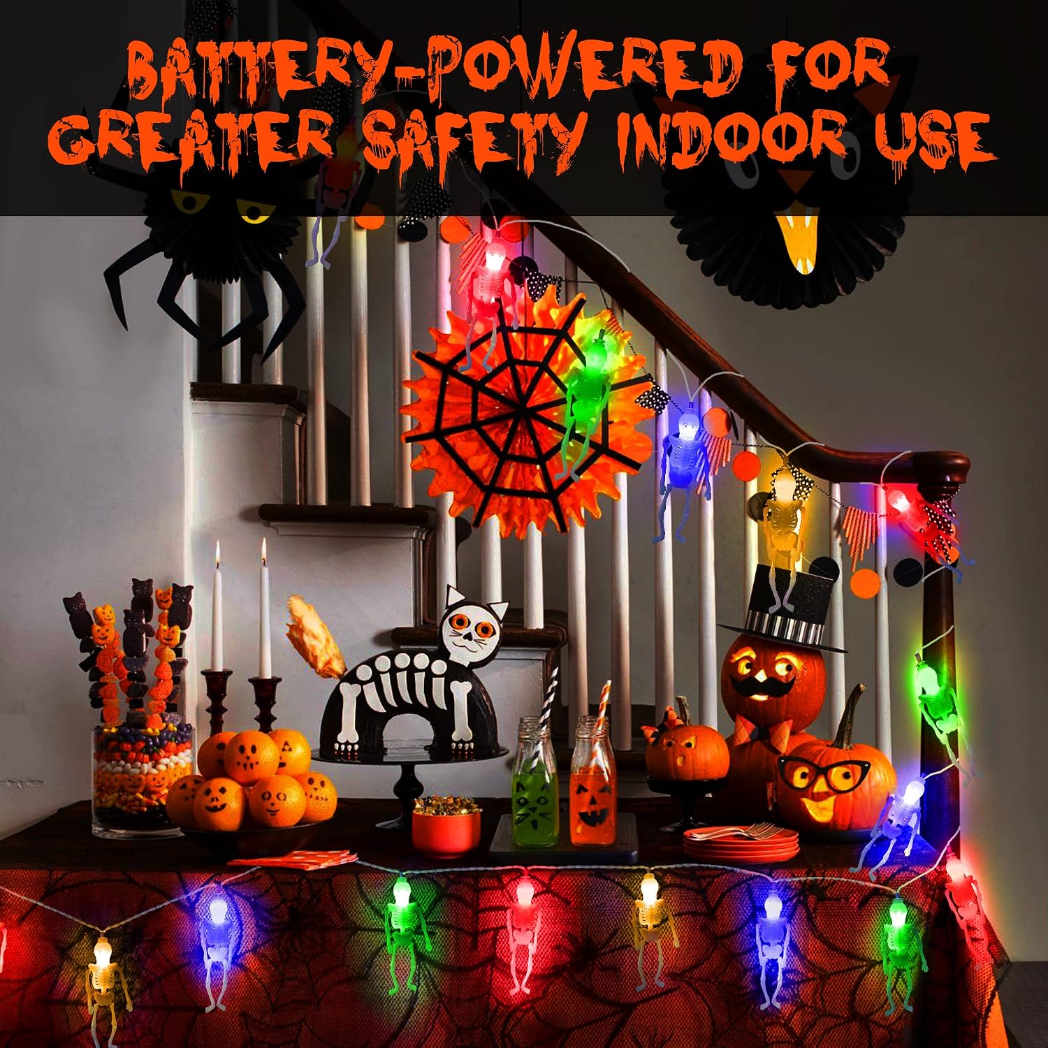 Halloween Decoration Lights, Each 20Pcs (2-Pack) Skeleton Lights, Battery Operated Halloween Decor 20 LED 10ft, 2 Modes (Flash/Steady On) Skull Decoration Light for Home Room Outdoor Decorations