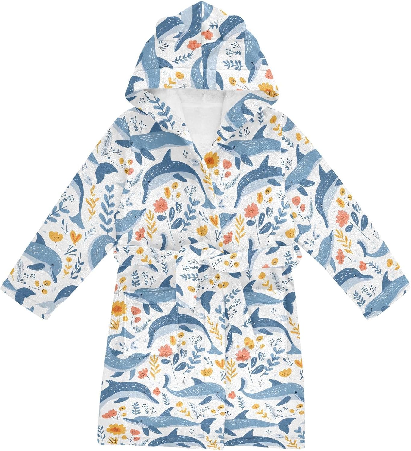 senya Whale and Flower A Toddler Hooded Bathrobe Kids Soft Plush Bath Towel Robes for Boys Girls 2-12 Years