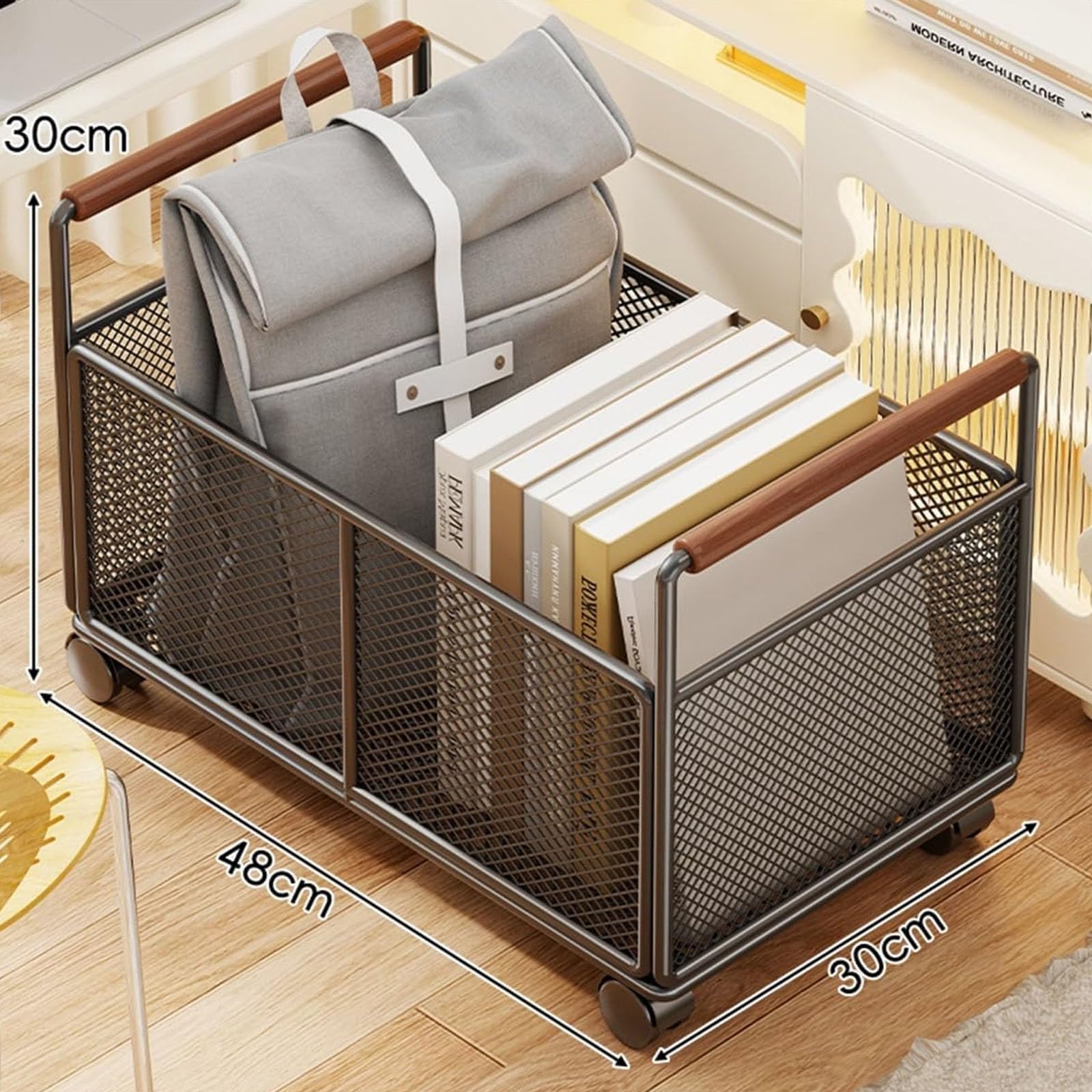 Mavoli Carrito De Almacenamiento De Rejilla Metálica con Ruedas Giratorias De 360° con Bloqueo, Asas De Madera, Organizador De Ventilación Abierta para Cocina, Sala De 48x30x30cm