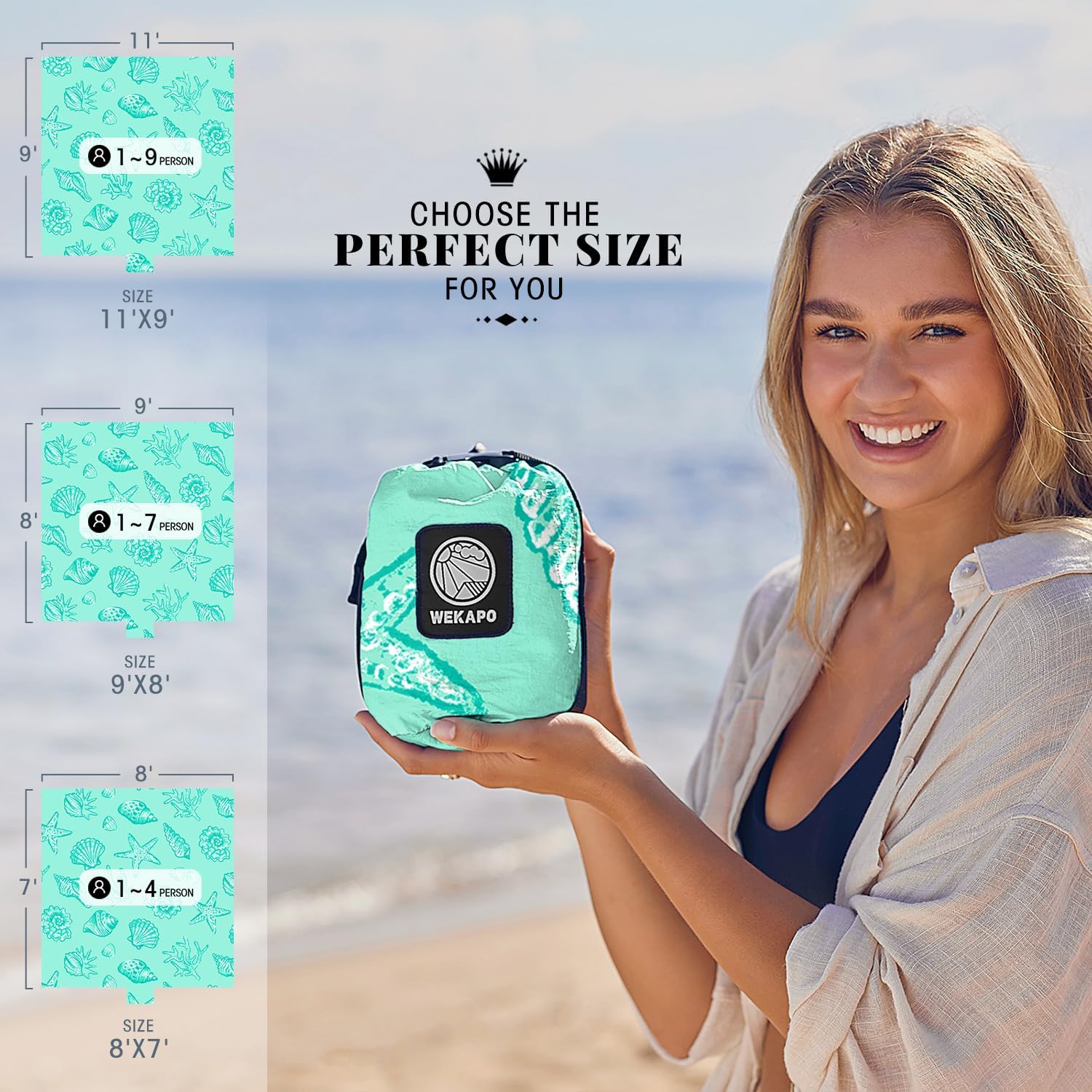 wekapo beach blanket waterproof sandproof oversized, extra large beach mat sand free, lightweight & compact sand free mat with 6 stakes & 4 corner pockets turquoise shells 8 x 7 ft (1?4 person)