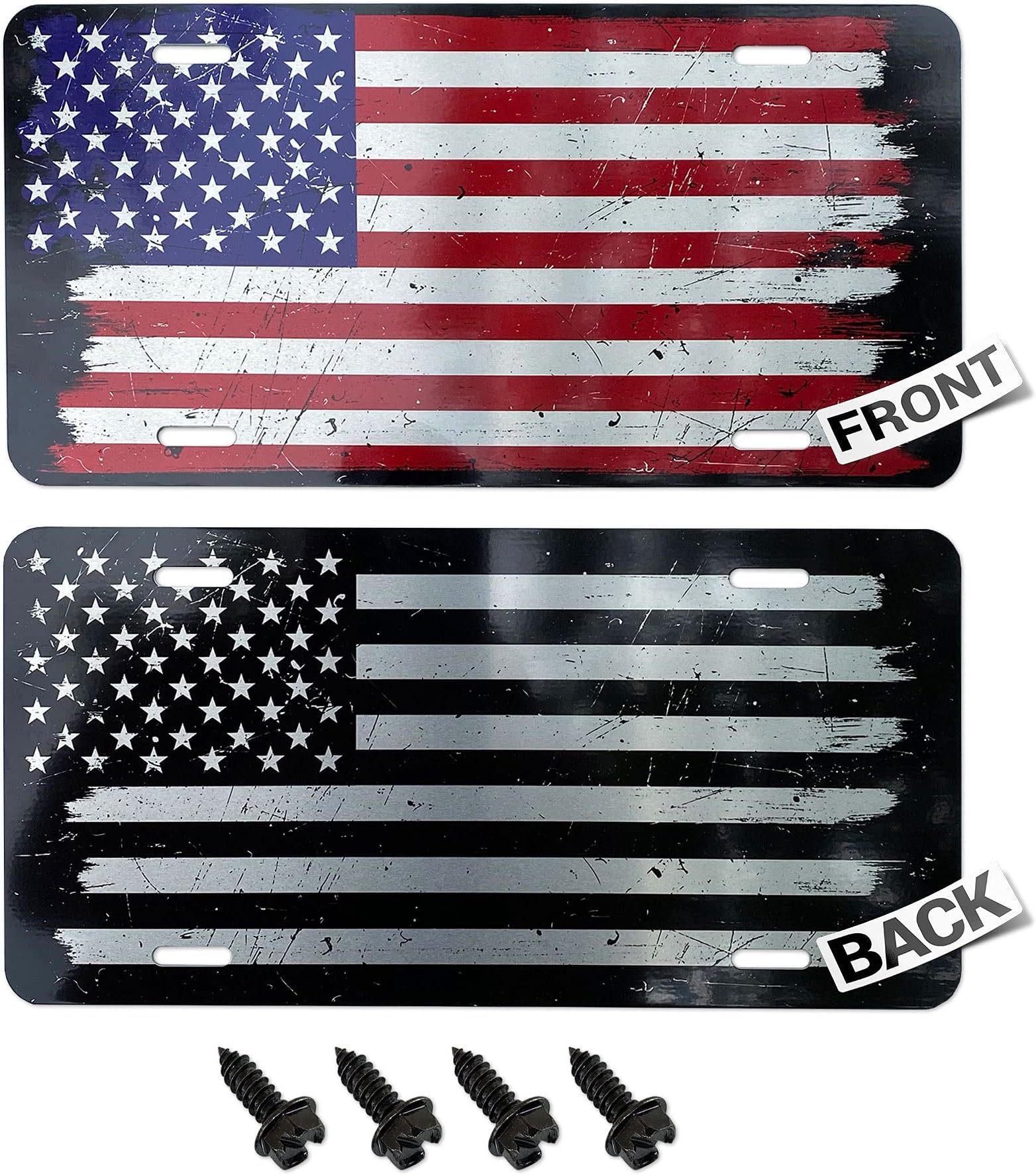 Double Sided Brushed Aluminum American Flag License Plate + 4 Black License Plate Screws - USA License Plate Frame Cover