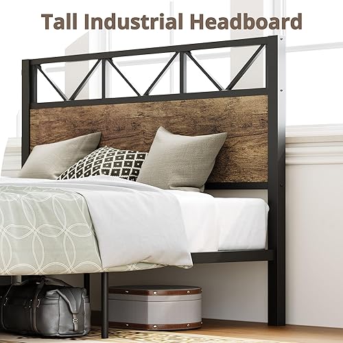 Miniatura 4 de LIKIMIO - Base de cama Queen, cabecero industrial alto de 51.2", con soporte metálico resistente, estructura de cama sólida y estable, libre de