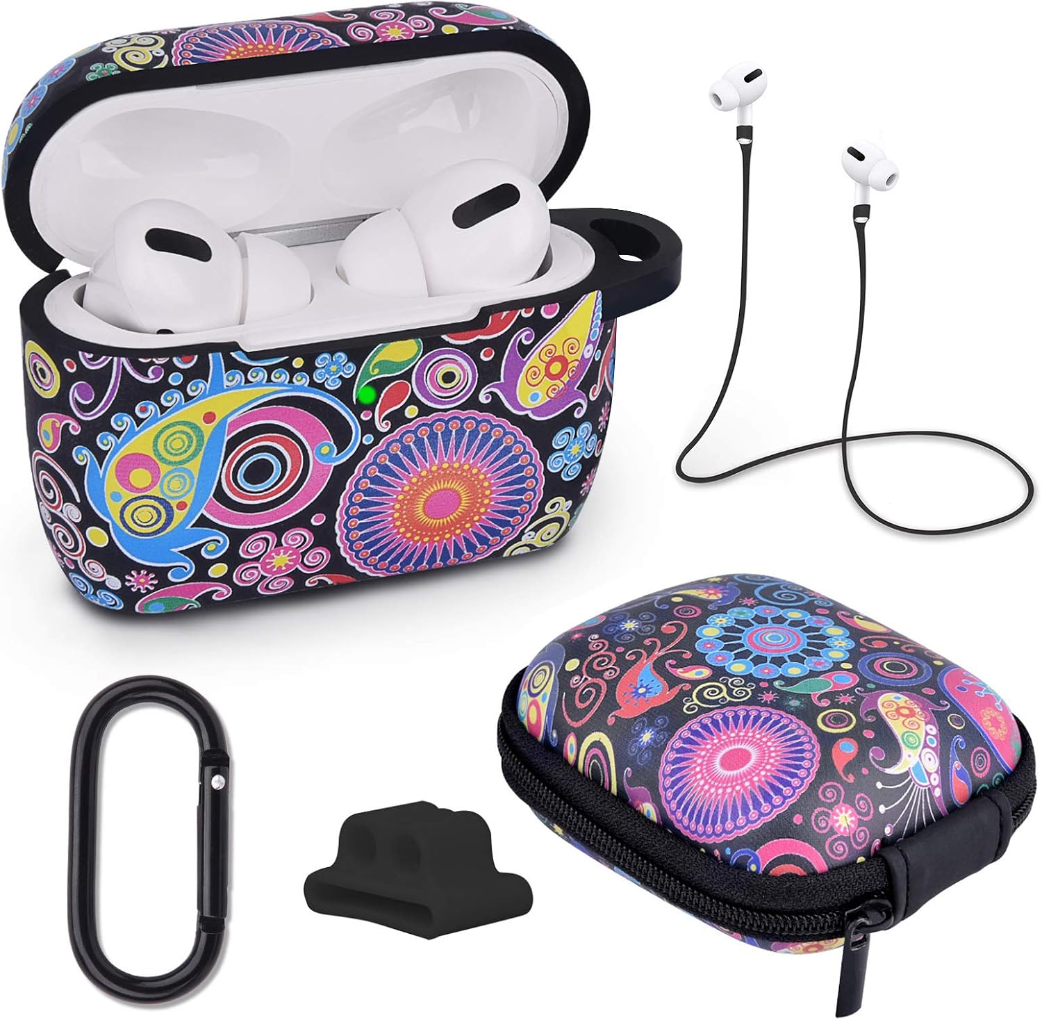 AIRSPO AirPods Pro Case Silicone Protective Case Cover for Apple AirPods Pro Charging Case 5 in 1 airpods pro Accessories with Storage Box, Keychain, Anti-Lost Strap (Bohemian)