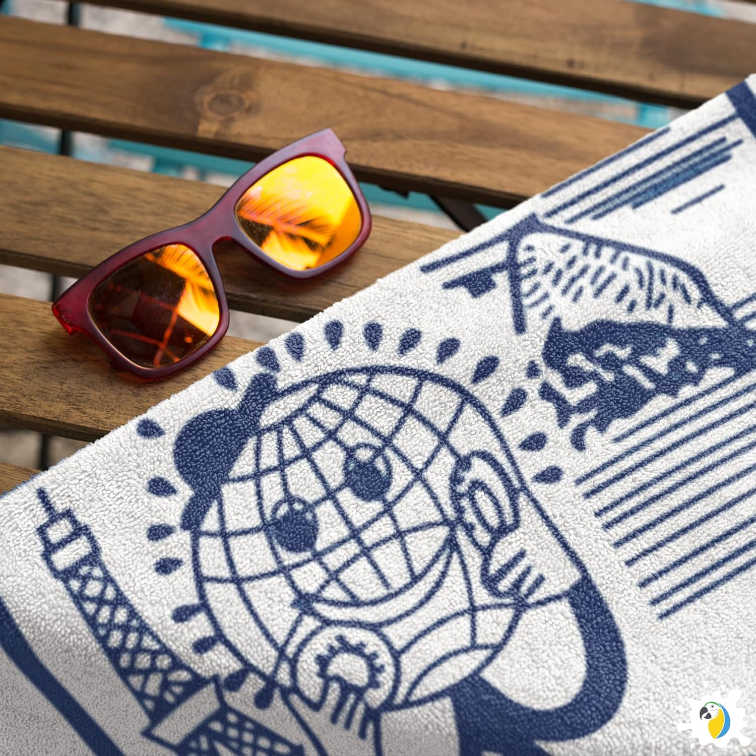 Microfiber Beach Towel with Brazilian Biscoito Globo Print • Rio de Janeiro Brazil Souvenir • Lightweight, Quick-Drying White & Navy 30x60 (75x150cm)