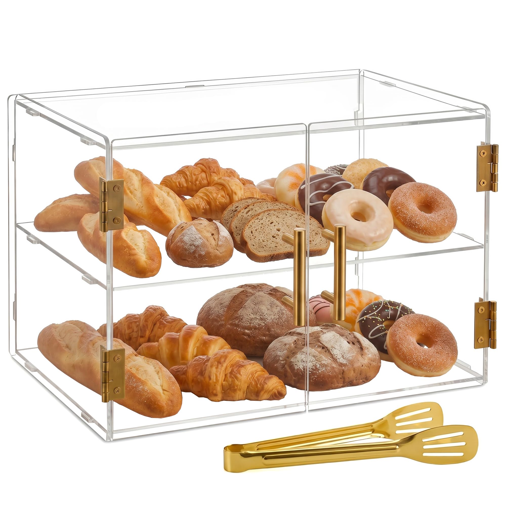 Vitrina expositora de panadería de 2 niveles con puerta elástica, vitrina acrílica comercial para mostrador de repostería, caja exhibidora de alimentos de 18.9" x 9.29" x 13.39"