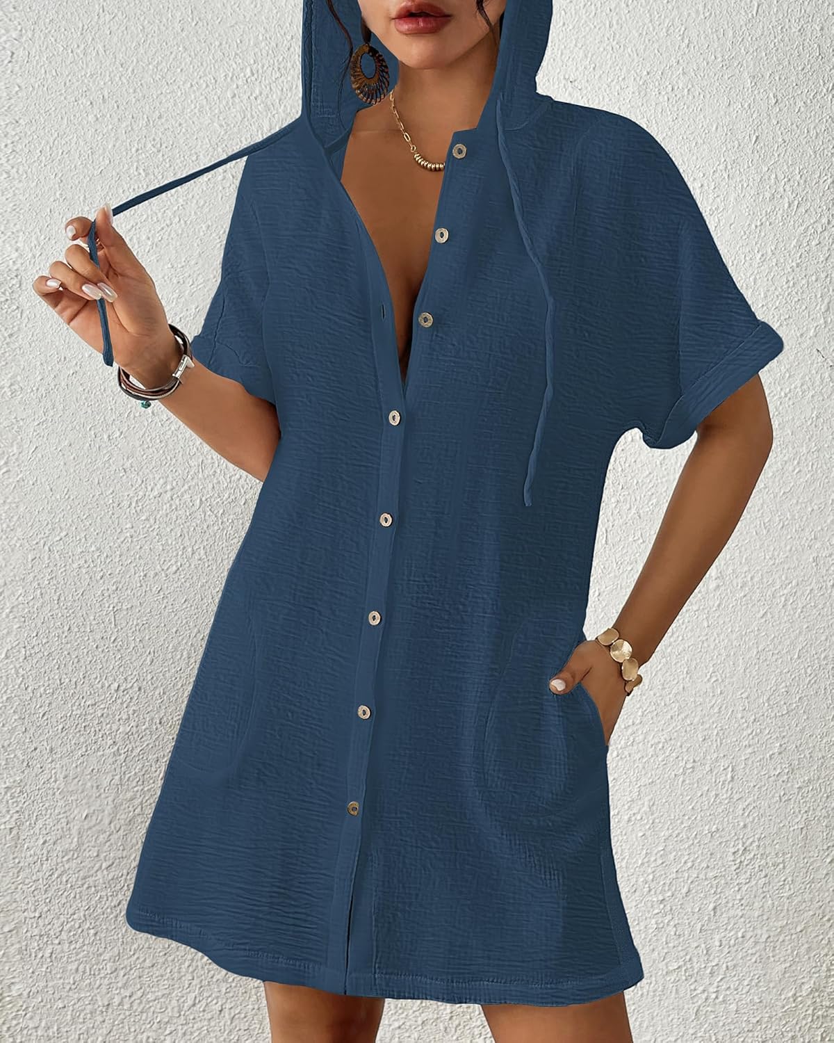 Bsubseach Womens Swimsuit Cover Up Shirt Button Down Short Sleeve Bathingsuit Coverups Hooded Beach Coverup With Pockets - Image 2