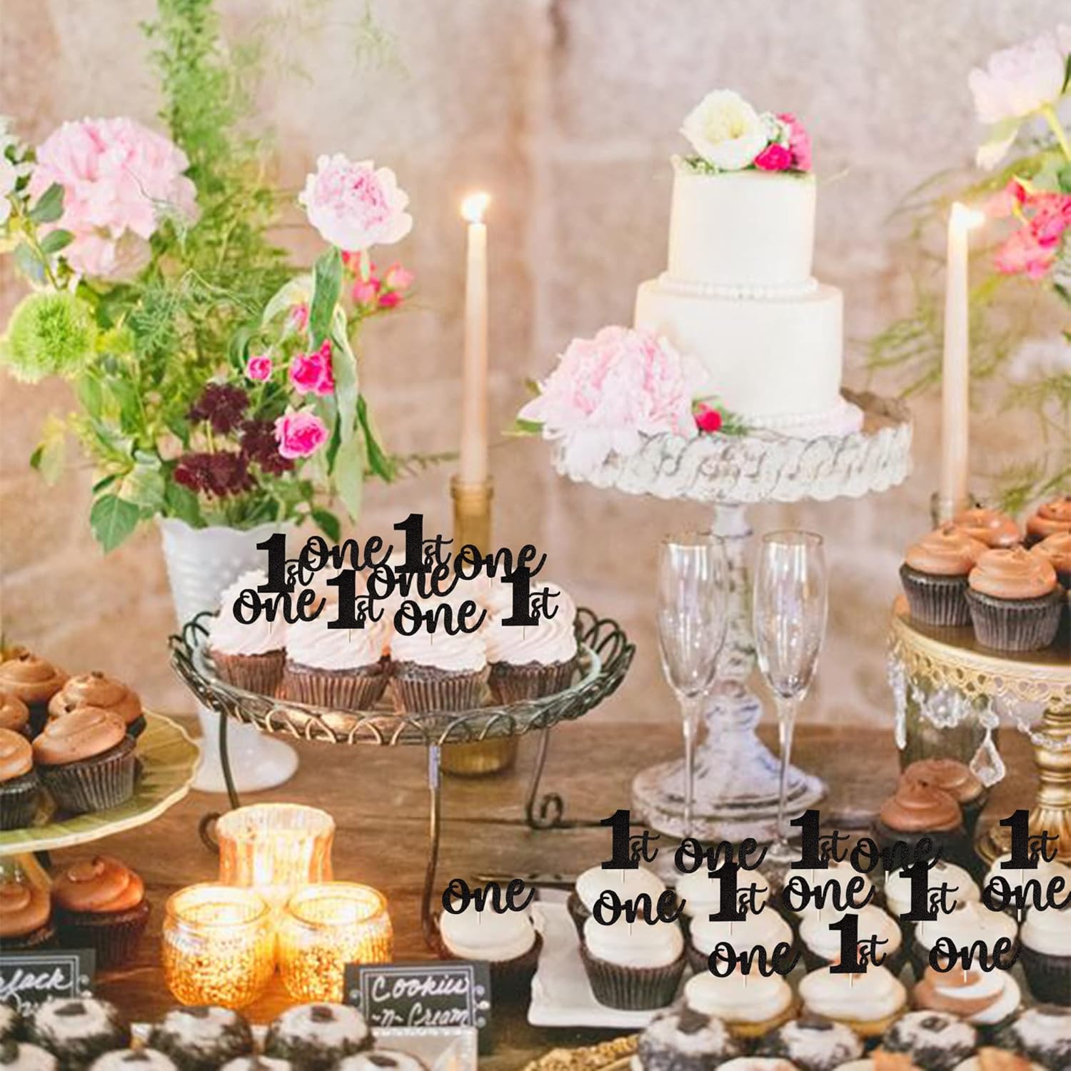 Rsstarxi 24 Pack 1st Birthday Cupcake Toppers Glitter First Birthday One Cupcake Picks for Baby Shower 1st Birthday Party Cake Decorations Supplies Black - Image 5