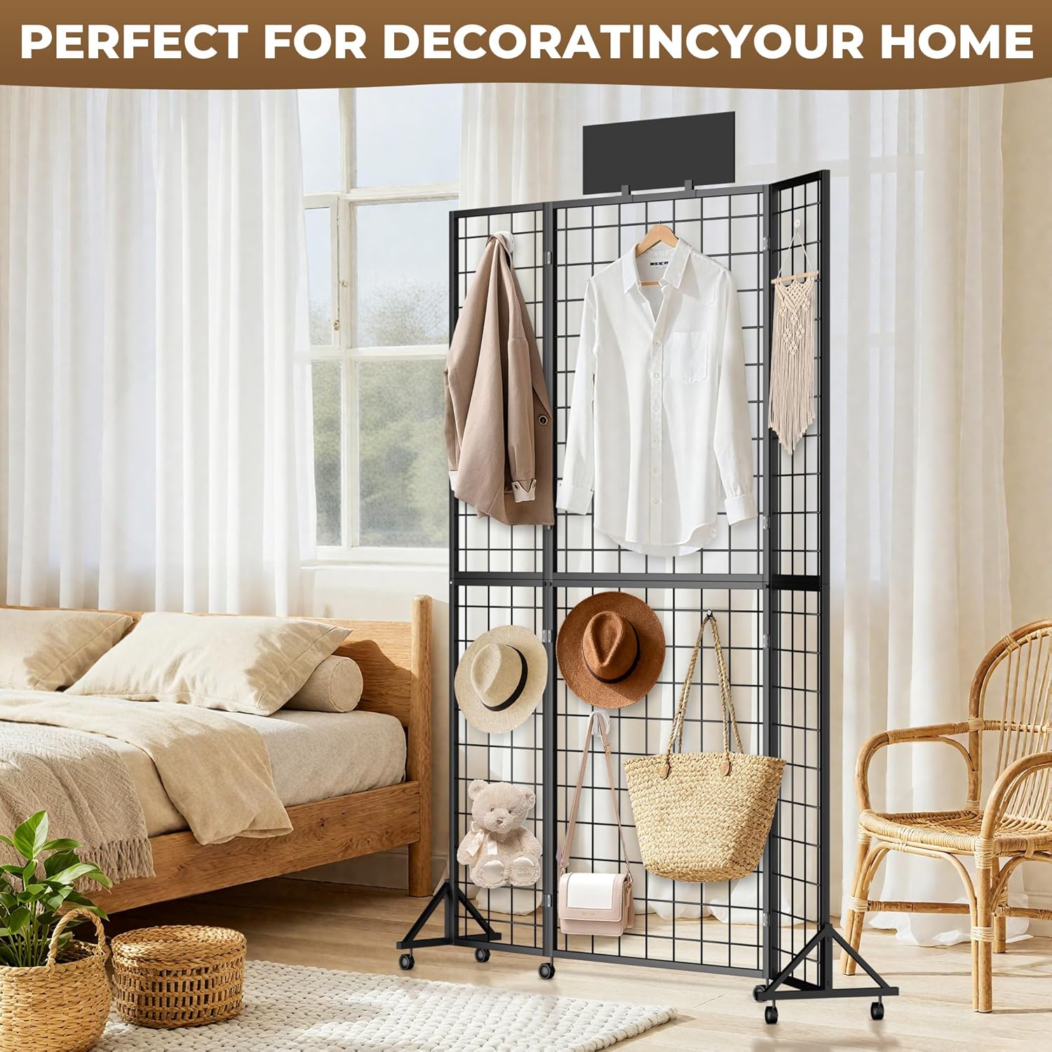 Foldable Grid Wall Panel, 6' x 4.25' Ft Gridwall Display Stand with Notice board, Heavy Duty Sturdy Floorstanding Wire Grid Display Rack, Movable Silent Wheel, Ideal for Retail & Art Craft Fairs