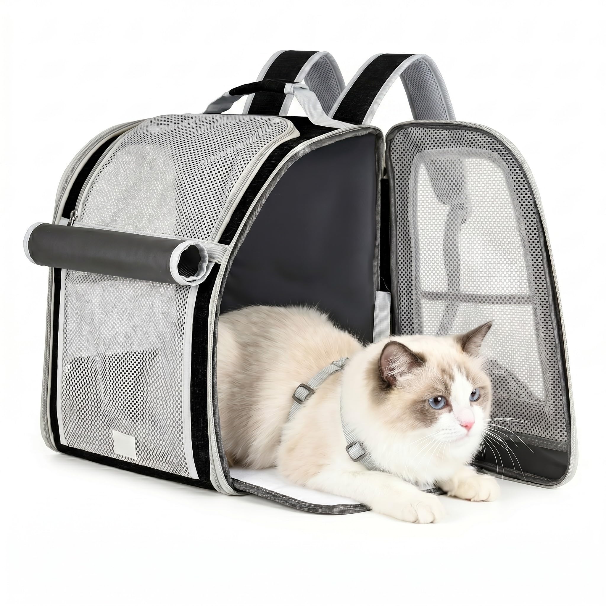 seyfocnia Cat Backpack Carrier for Small Dogs and Cats, Cat Carrier Backpack Foldable Pet Travel Carrier with 3-Side Mesh Windows, Pet Carrier for Travel & Hiking, Black