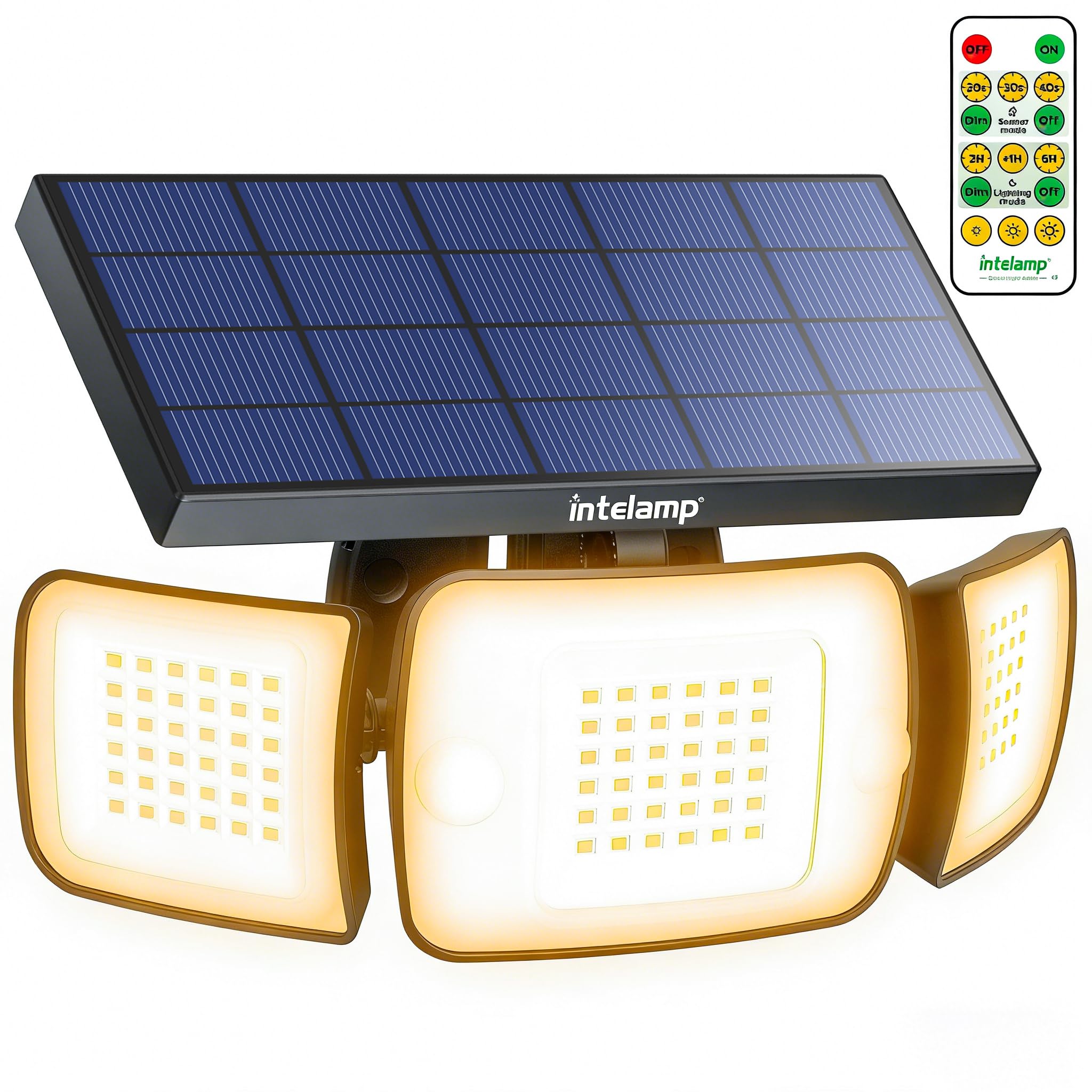 intelamp Solar Warmlicht Outdoor 6000mAh Batterie Solar Sicherheit Bewegungsmelder Licht mit Fernbedienung Hohe Helligkeit IP65 Wasserdicht LED Flutlichter Gartenleuchten
