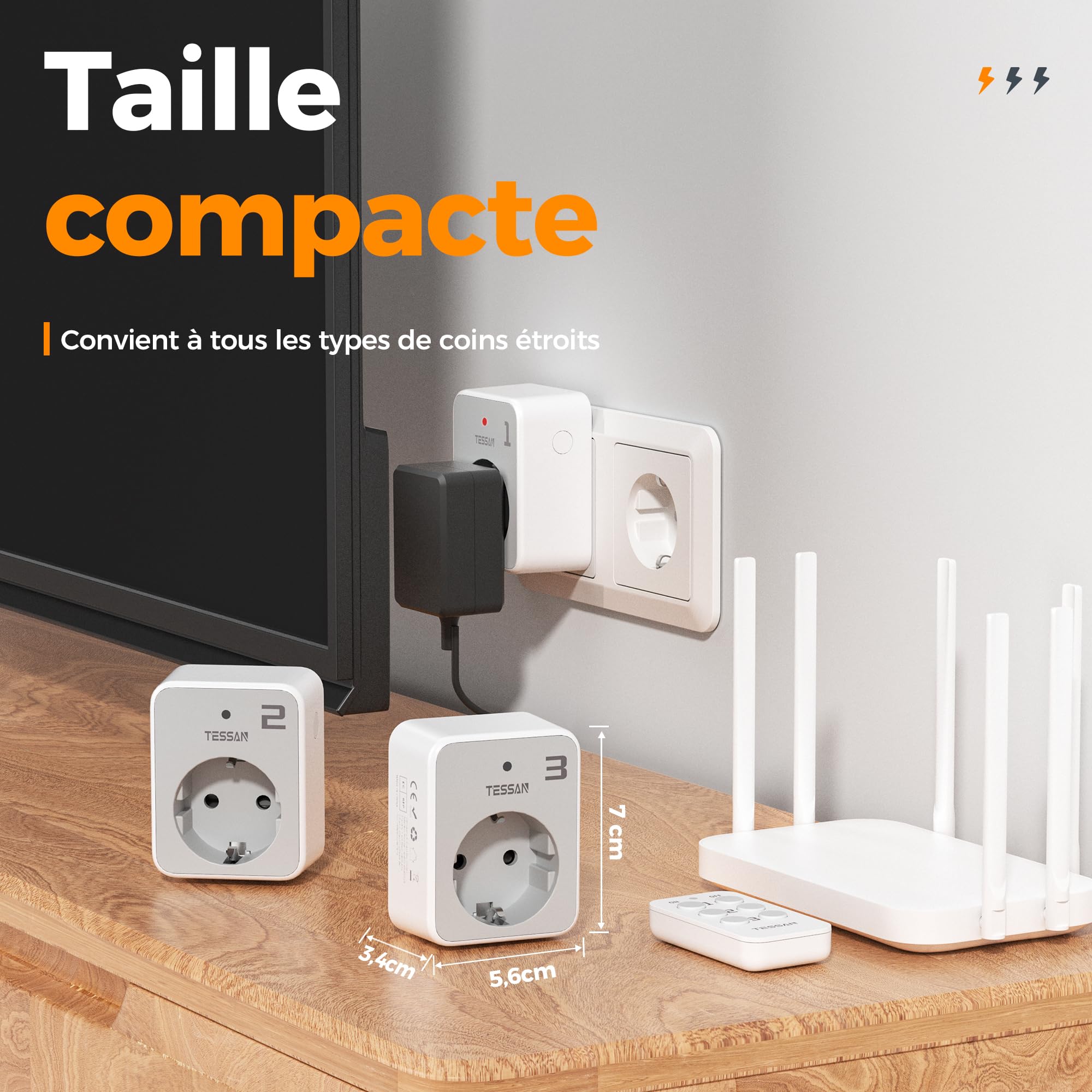 TESSAN Jeu de Prise Telecommande sans Fil, Portée 30,5 M, 3600 W Intérieures Prise Electrique avec Telecommande et Interrupteur, pour Décoration, Électroménager, Éclairage, Lot de 3