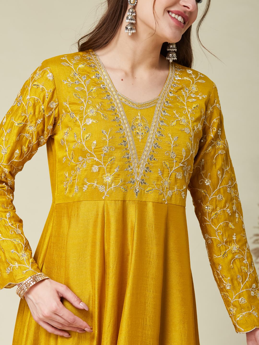 MOKOSH Women's Embroidered Mustard Anarkali and Pant with Dupatta Set-471-02-L - Image 3 thumbnail