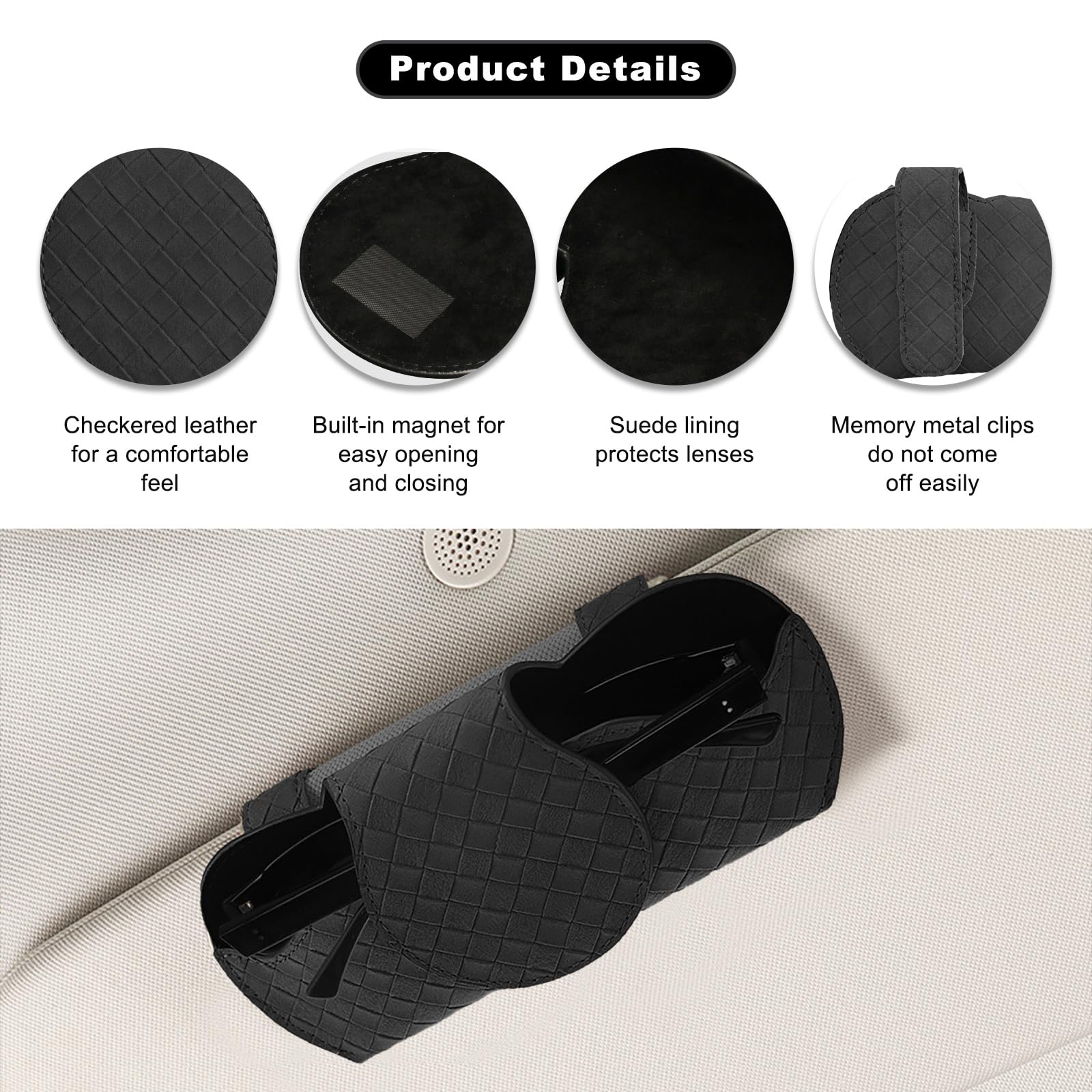 Soporte para gafas de sol para visera de coche, funda de cuero suave con clips magnéticos, soporte para gafas de sol de coche