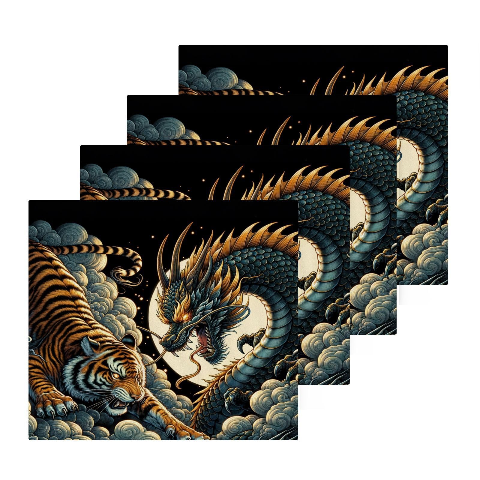 YANENDIE Tiger Dragon Clash Washcloths Towels, Highly Absorbent and Soft Cotton Face Cloths, 4 Pack Quick Dry Wash Cloths - 12 X 12 Inches