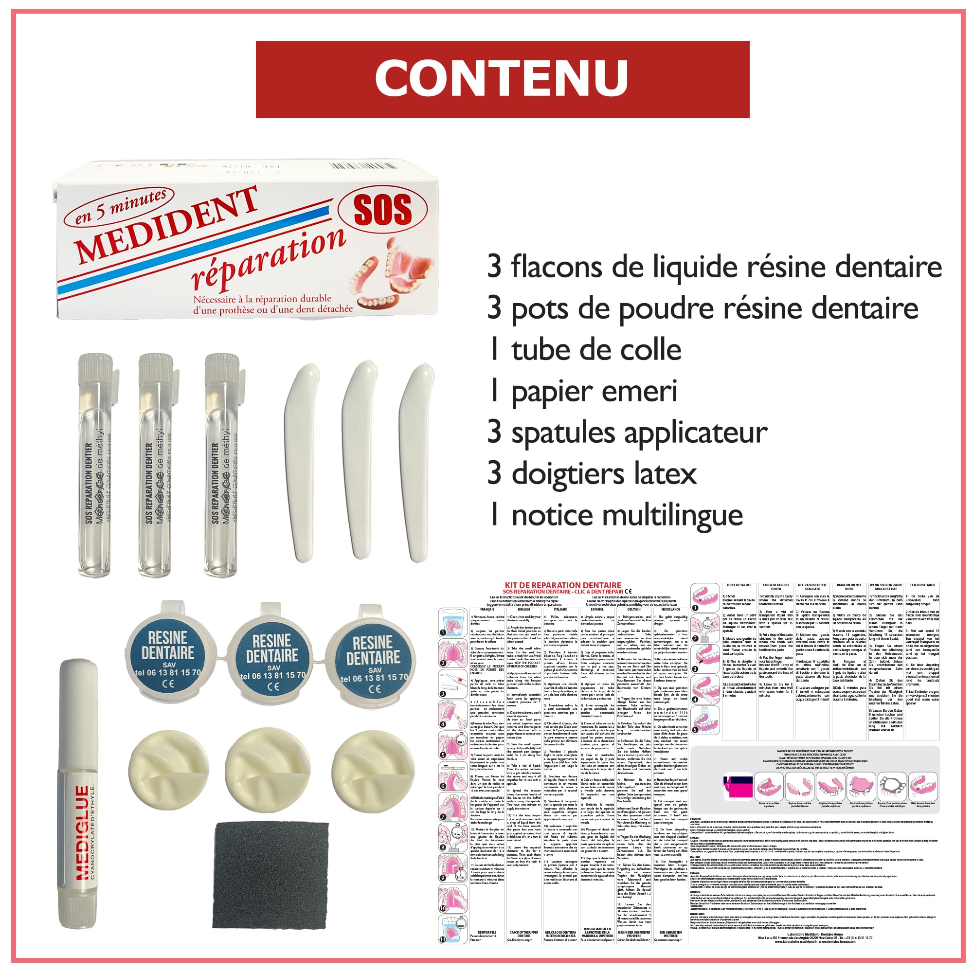 MEDIDENT- SOS REPARATION DENTIER -Réparez votre dentier cassé vous même-Nécessaire pour 3 utilisations