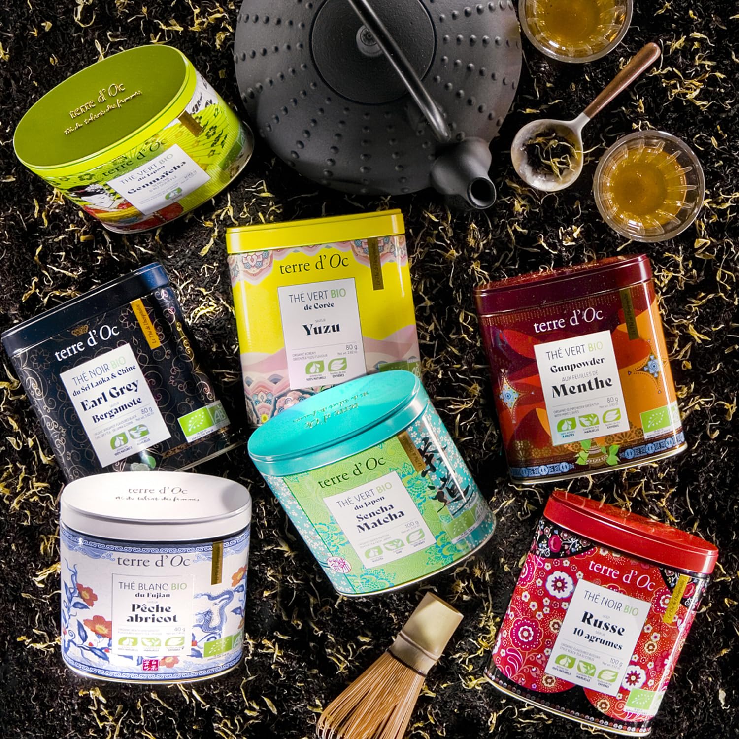 Terre d'Oc - Coffret 4 Thés Bio Ma Journée en Thé + 1 Cuillère Filtre à Thé - Thés Verts, Noirs & Blancs en Vrac - Idée Cadeau Homme et Femme - 65g