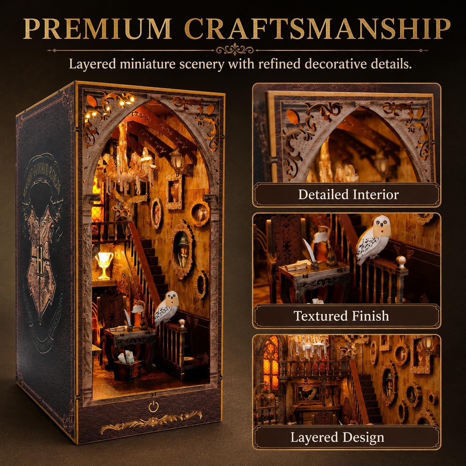 GOOGO Kit Book Nook, casa in miniatura DIY Book Nook con luce LED, puzzle 3D in legno, fermalibri decorativo per libreria, regalo creativo per adulti e ragazzi dai 14 anni in su (Scuola di magia)