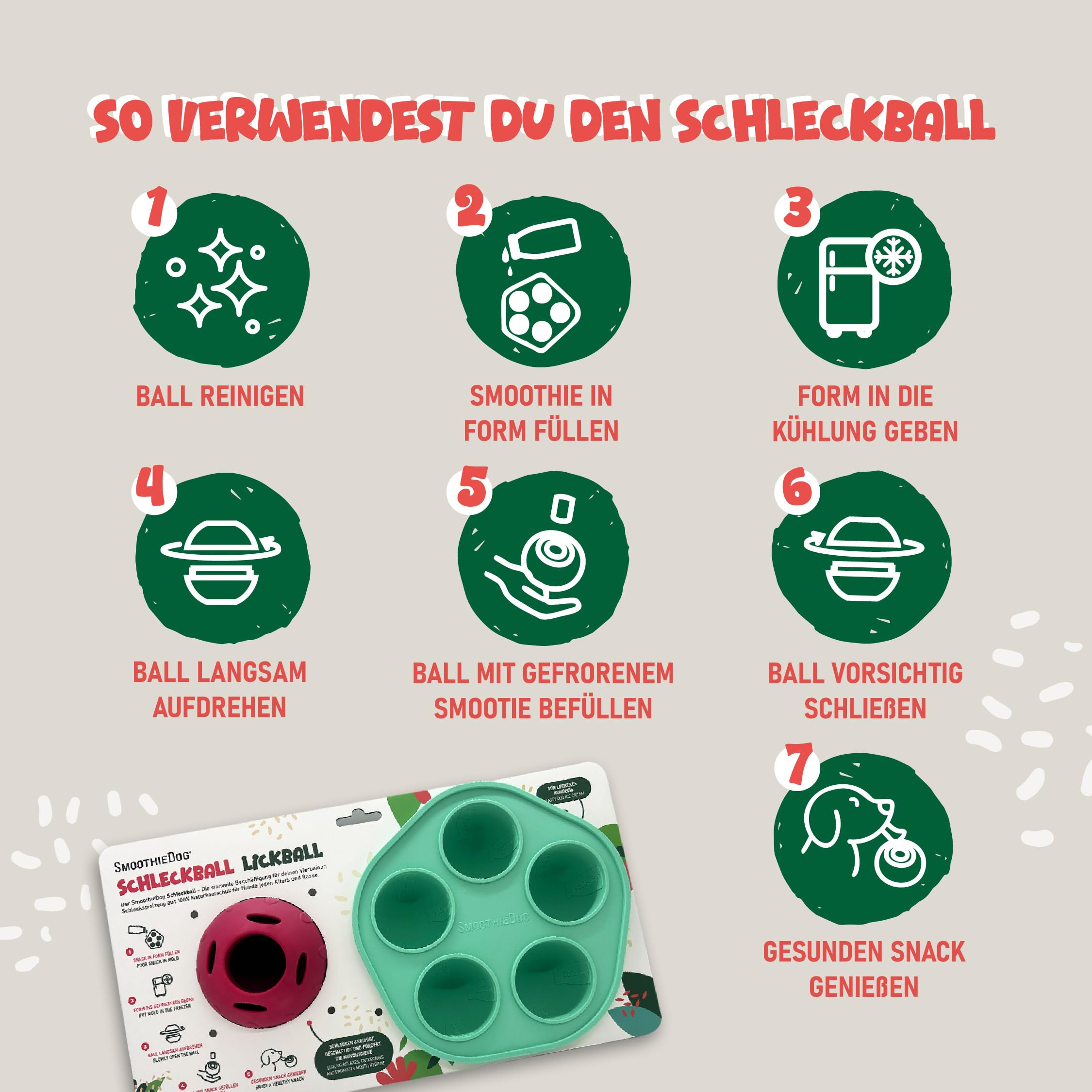 SmoothieDog Schleckball-Set + 1 Schleckball - Schleckball für Hunde, Snackball, für Mehrhundehaushalte, zur Beschäftigung, bpa frei, robust, befüllbar, zum einfrieren, spülmaschinenfest