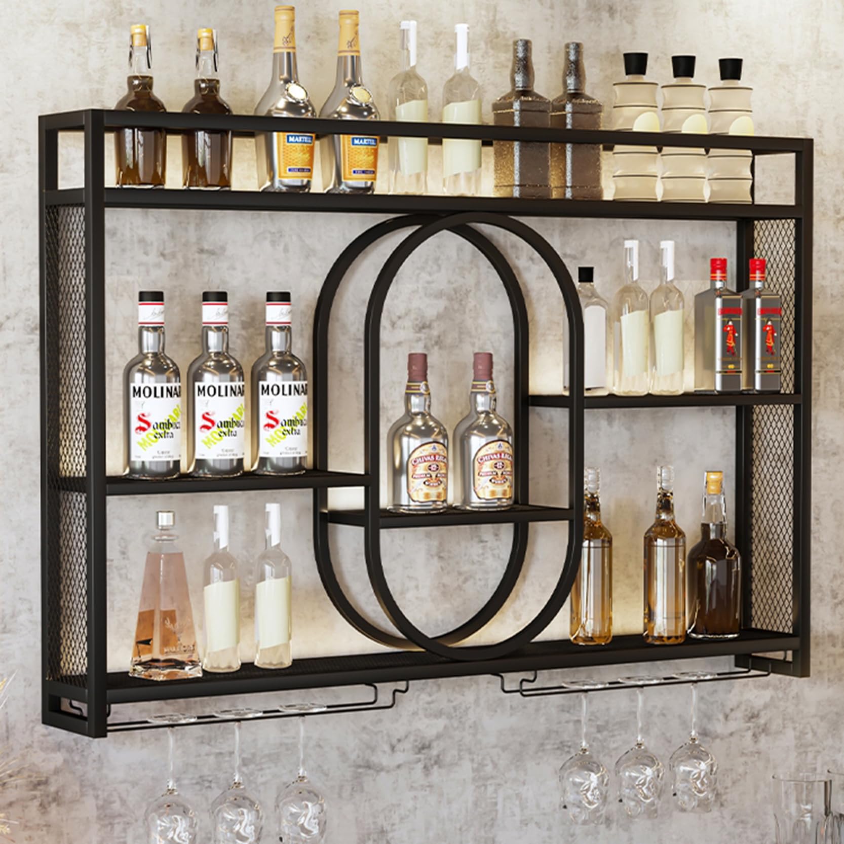 Étagère à vin murale contre le désordre : meuble en métal noir vintage 120cm