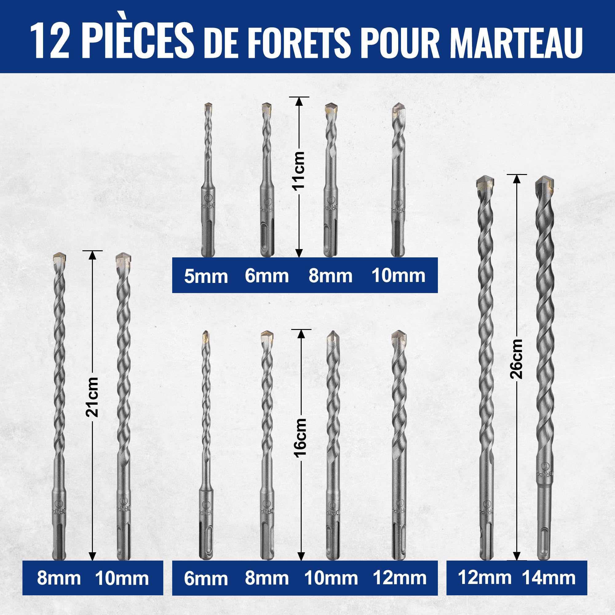 WORKPRO Jeu de Forets et Burins SDS Plus 17 Pièces, Forets à Béton avec Burins Pointus et Plats pour Maçonnerie