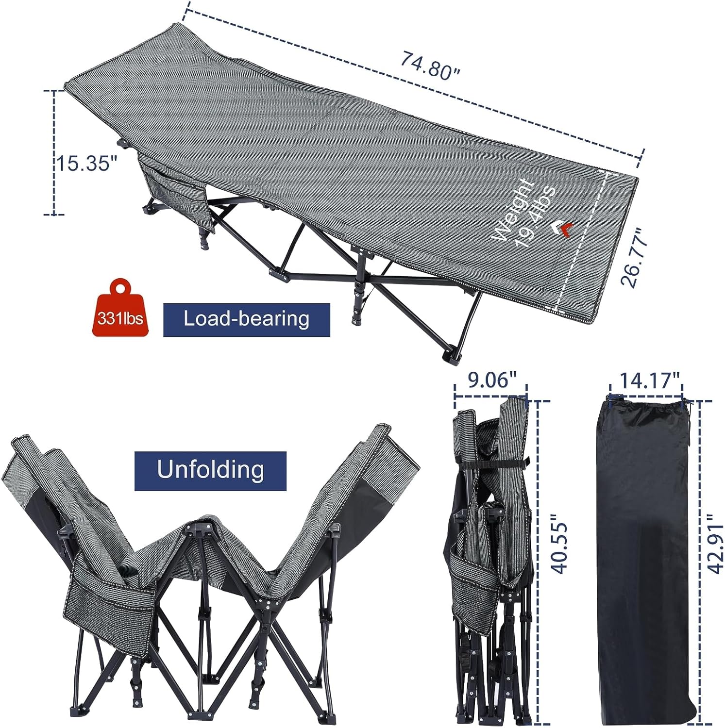 Adults, Foldable Outdoor with Portable Bag, Bed Lightweight Sleeping Cots for Camping, Easy to Set, Black