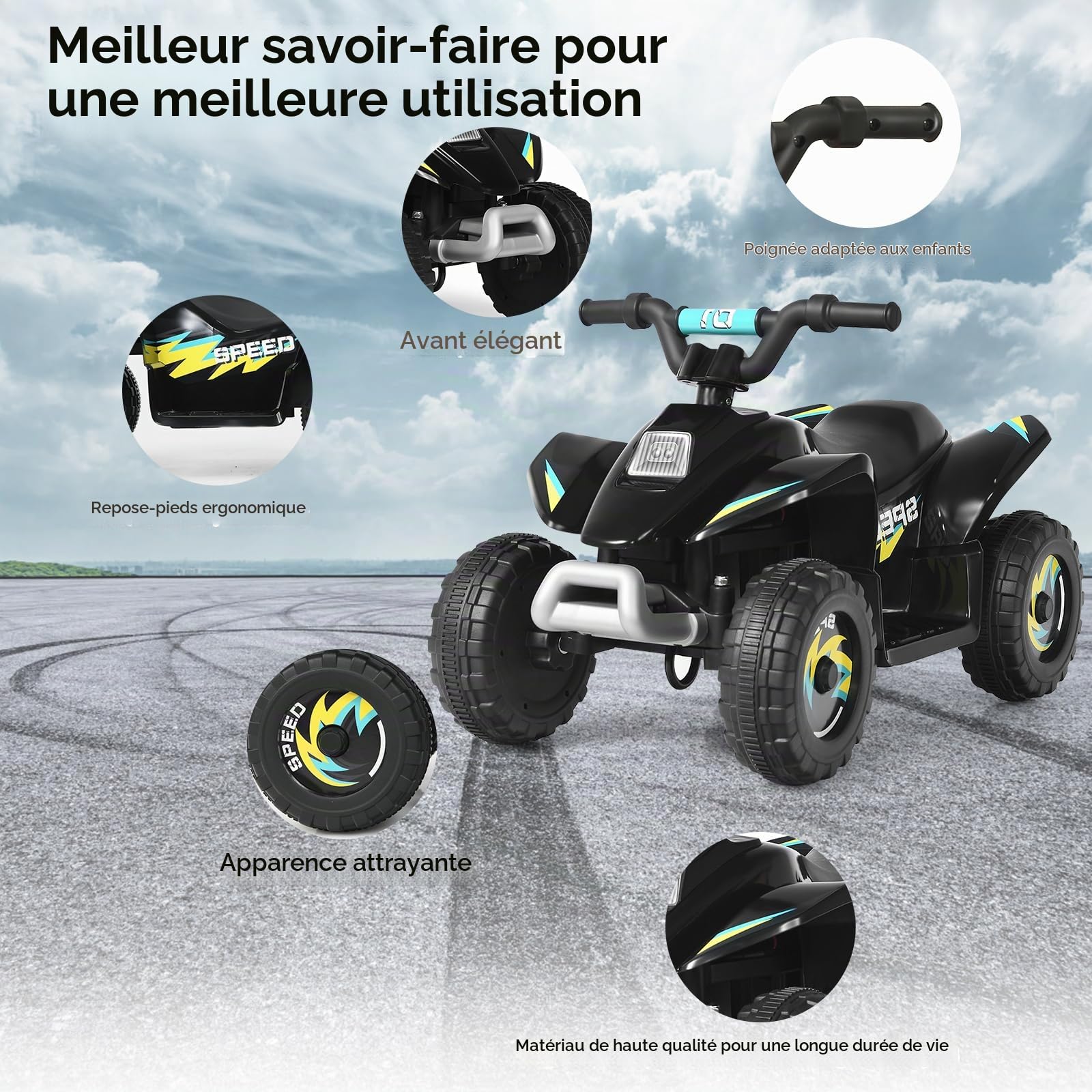 SOARS Voiture Electrique Enfant, Quad Electrique Enfants ATV 6V, Marche Avant/Arrière, Siège Ergonomique, Roues Antidérapantes, Chargeur Inclus, Charge 30 KG, pour Garçon & Fille 3 Ans + (Noir)