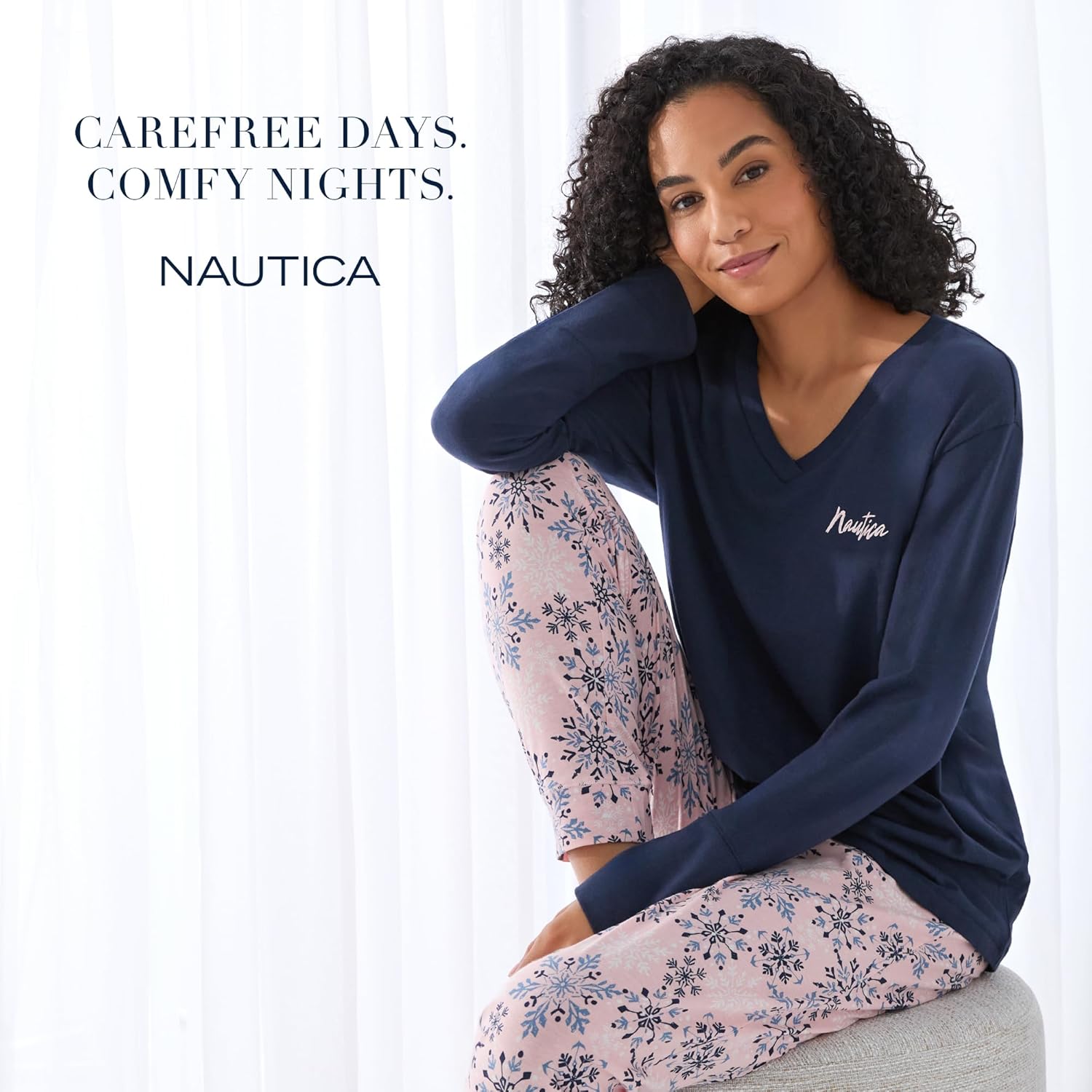 Nautica 2 Piece Long Sleeve Blend V-Neck Top & Jogger Pajama Set for Women, Lightweight & Breathable Cotton & Polyester Blend - Image 5