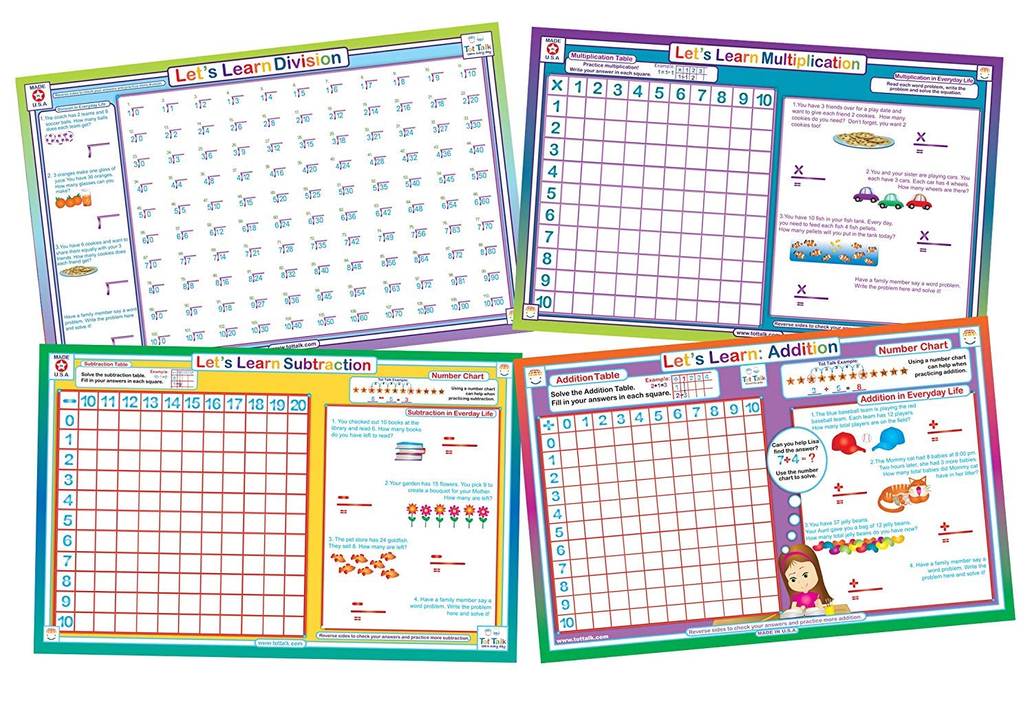 Tot Talk Educational Kids Placemats - Math Set of 4 Table Mats: Addition, Subtraction, Multiplication, Divisi