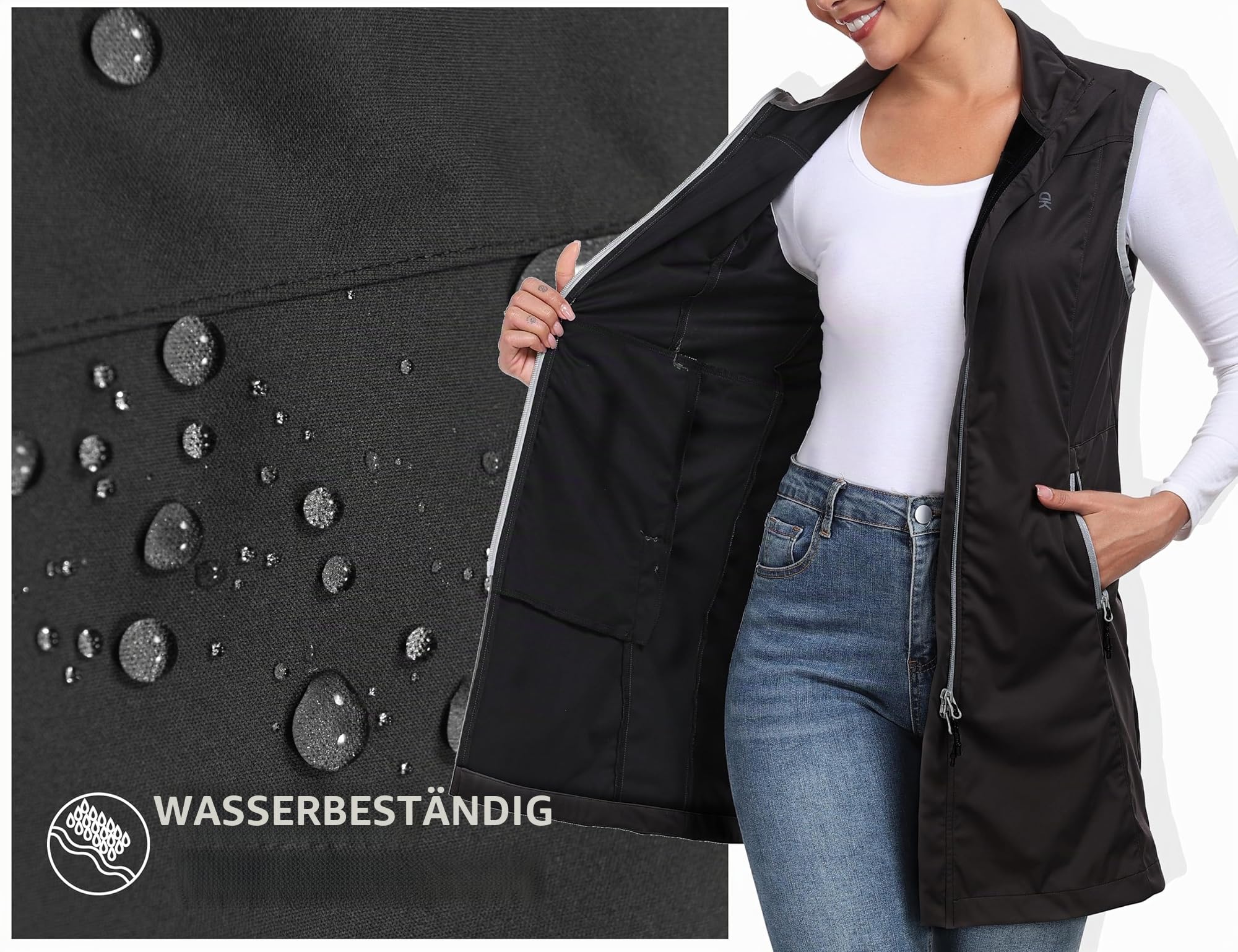 Little Donkey Andy Leichte Softshell-Weste für Damen in langer Ausführung Outdoor-Weste für Damen Lang Winddichte ärmellose Jacke zum Wandern Schwarz XS