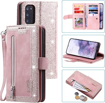 UEEBAI Wallet Case for Samsung Galaxy S20 FE 5G, Retro 9 Card Holder Slots Zipper Pocket Handbag Case PU Leather Magnetic Closure Kickstand with Wrist Strap TPU Shockproof Flip Case - Rose Gold