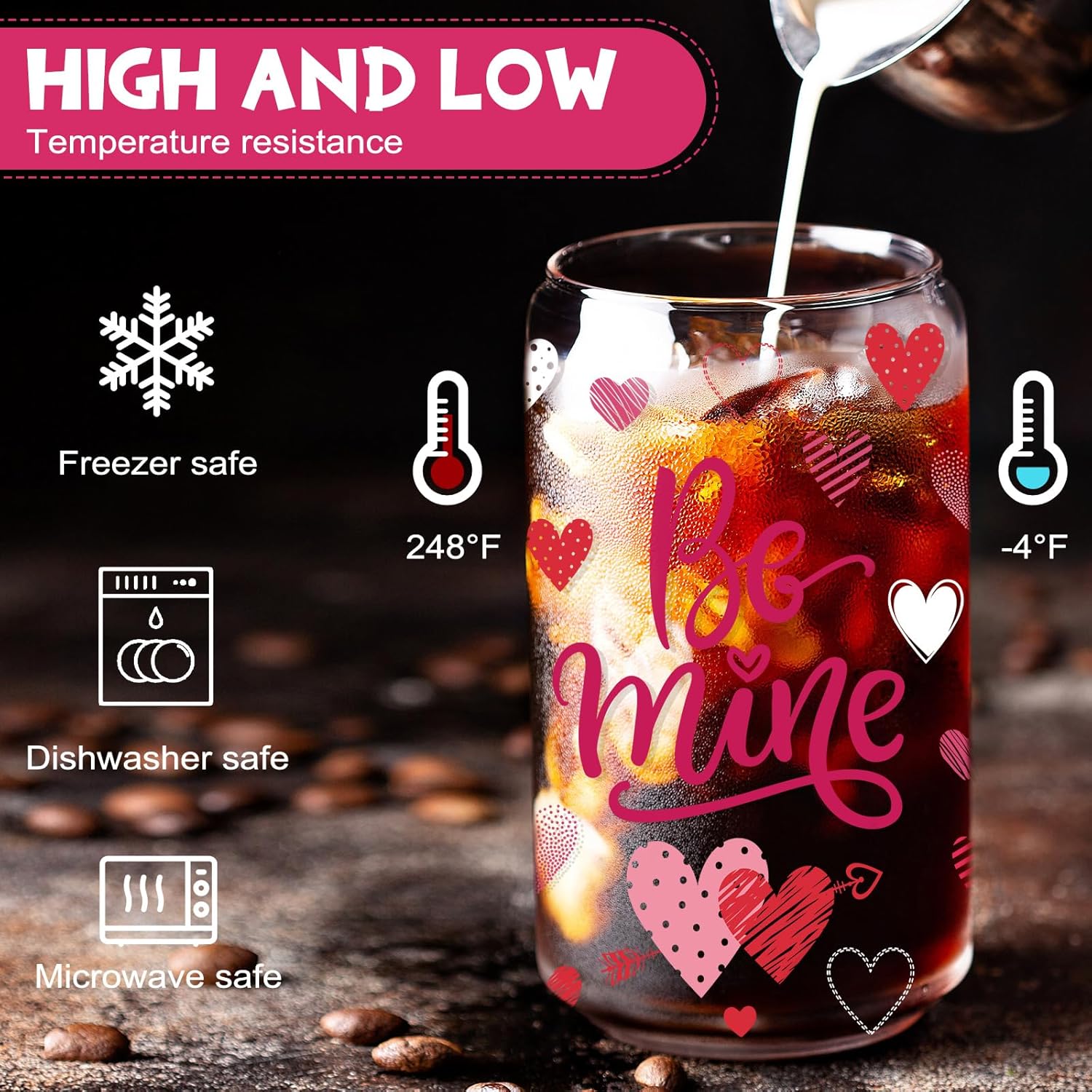 Umigy 8 Pcs 16oz Valentine's Day Glass Tumbler Pink Heart Iced Coffee Cup with Bamboo Lids and Glass Straw Valentine's Day Gift for Her Cute Cup for Anniversary Dinner Party Supplies - Image 4