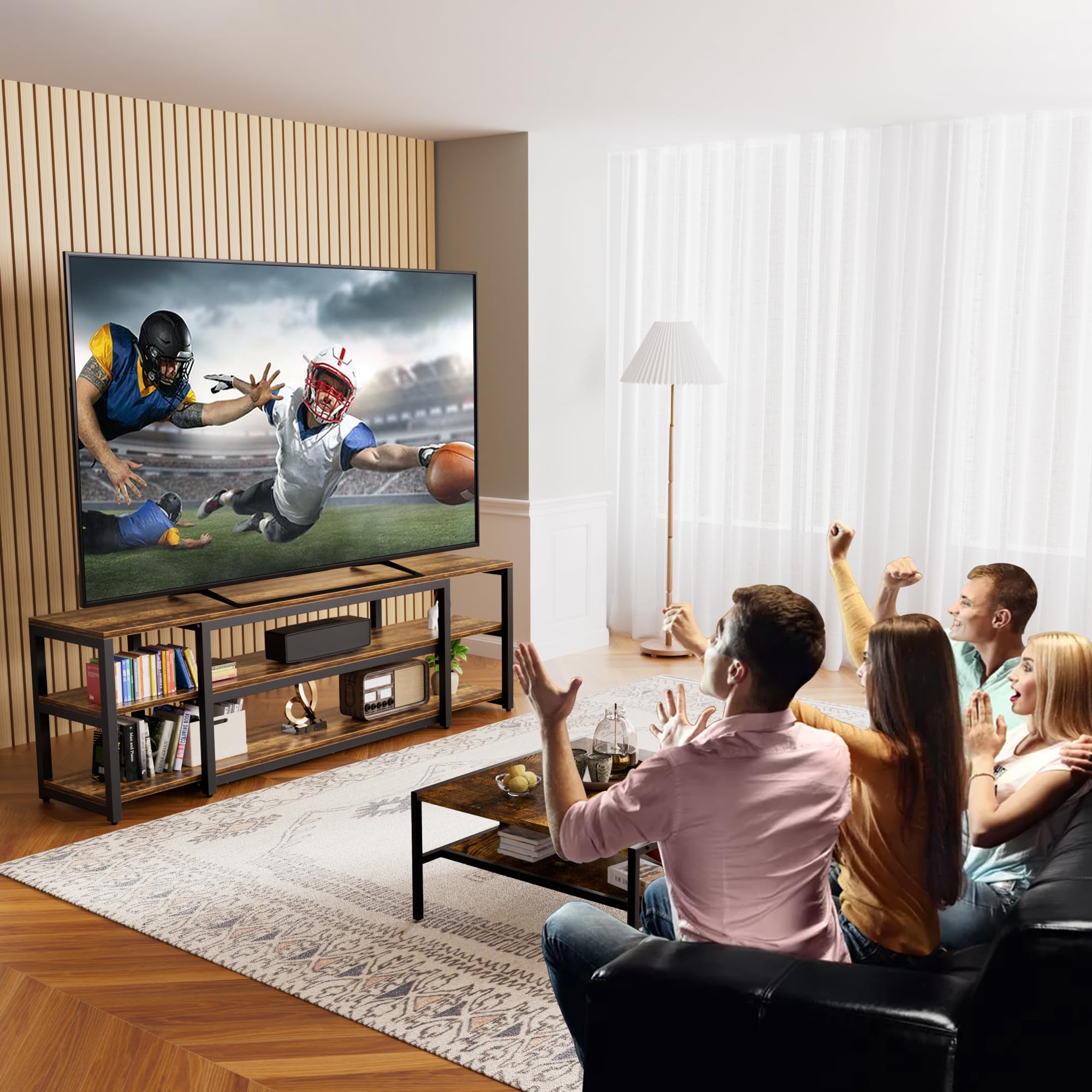 Aquzee Lowboard, 191 cm Lang TV Schrank, Großer Fernsehschrank für 60-85 Zoll TVs, Fernsehtisch TV Board, Holz und Metall, 3-stöckiger Stauraum Regal Cabinet für Wohnzimmer