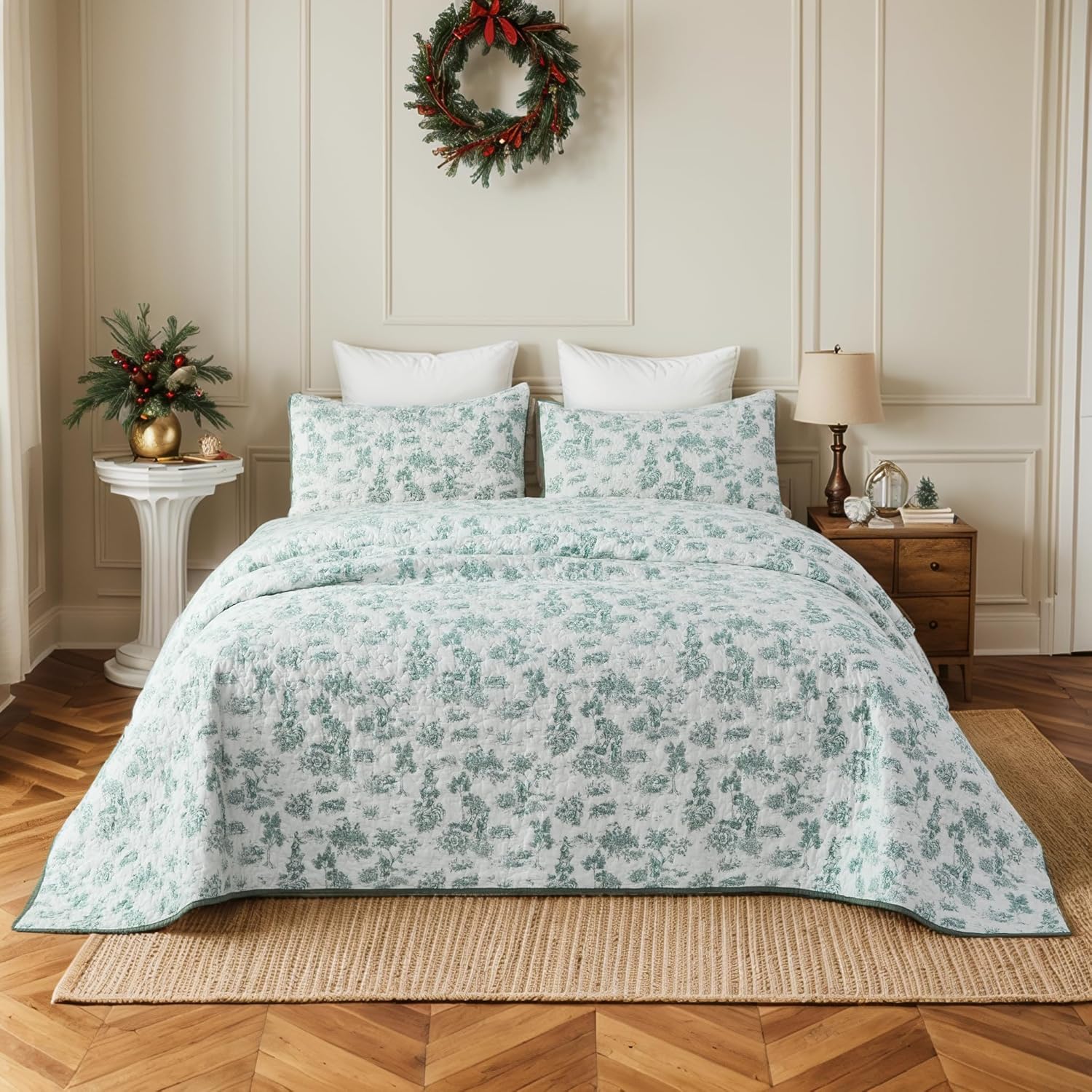 Brandream Queen Size Quilt Set Cotton Green Toile Bedding Vintage Floral Quilt Set 3-Piece - Image 3