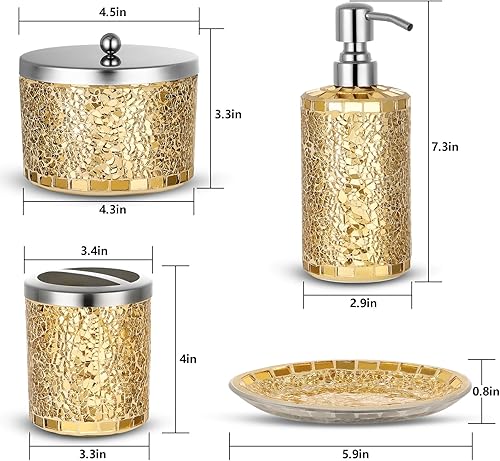 Miniatura 2 de Joitsvia Juego de accesorios de baño, juego de 4 accesorios de baño dorados de vidrio mosaico, incluye dispensador de jabón, frascos de hisopos de