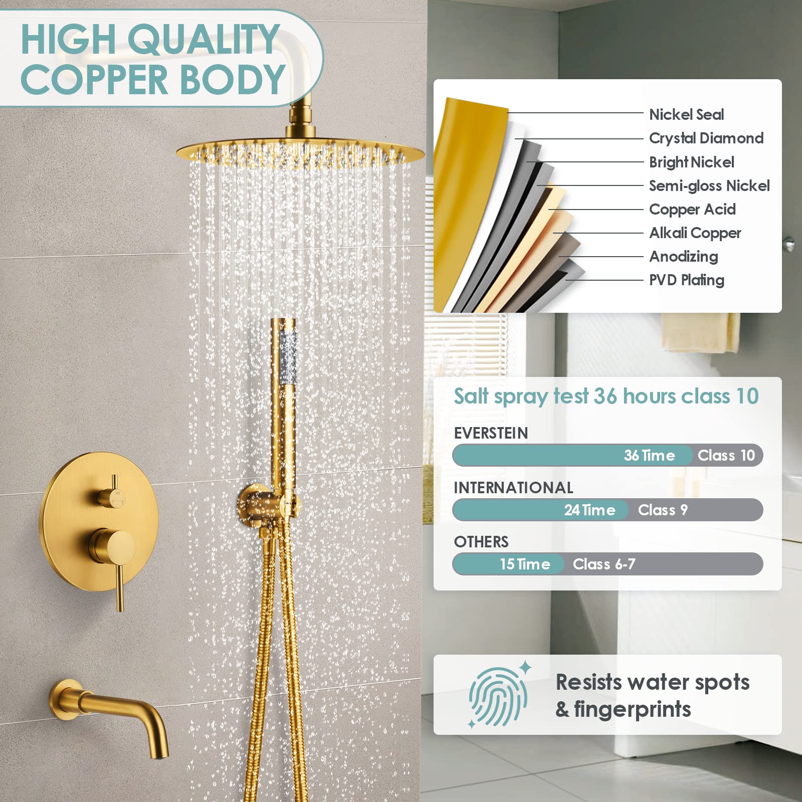 Sistema de ducha con boquilla para bañera: juego completo de grifo de ducha de 3 funciones, montaje en pared, cabezal de ducha redondo de alta presión de 10 pulgadas con rociador de mano